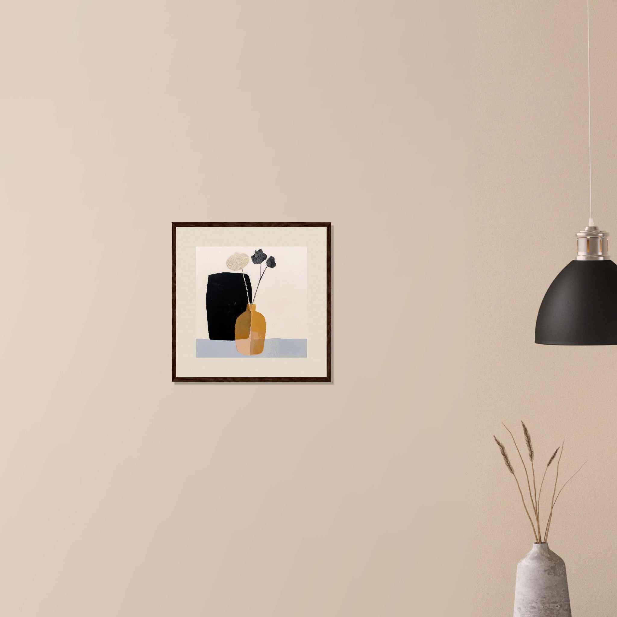 Dry Arrangement contemporary warm botanical print in dark wood frame on neutral wall in modern home, mustard vase and charcoal blooms
