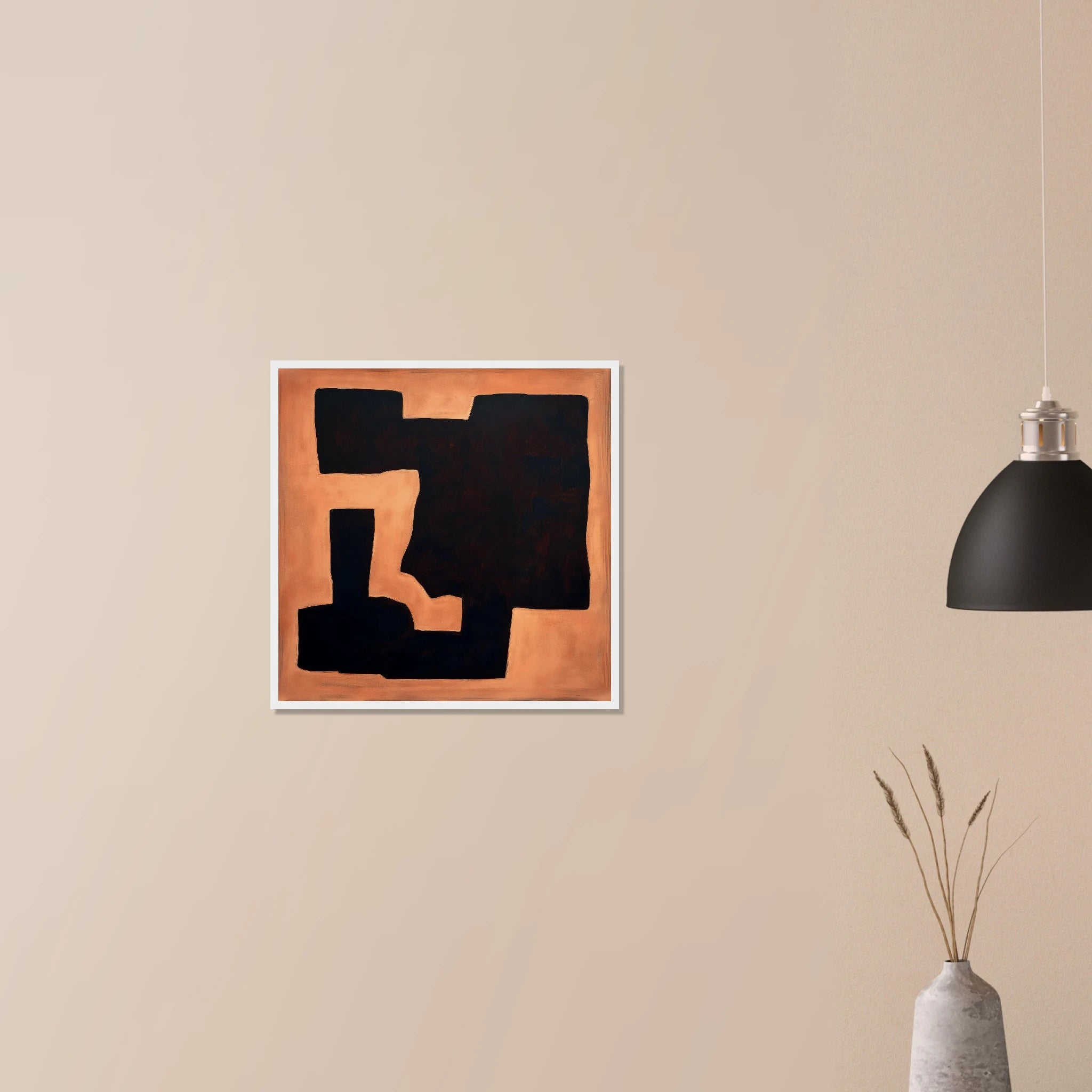 Terracotta Fragment modern wall art in natural wood frame on neutral wall, warm rust and beige pottery inspired design