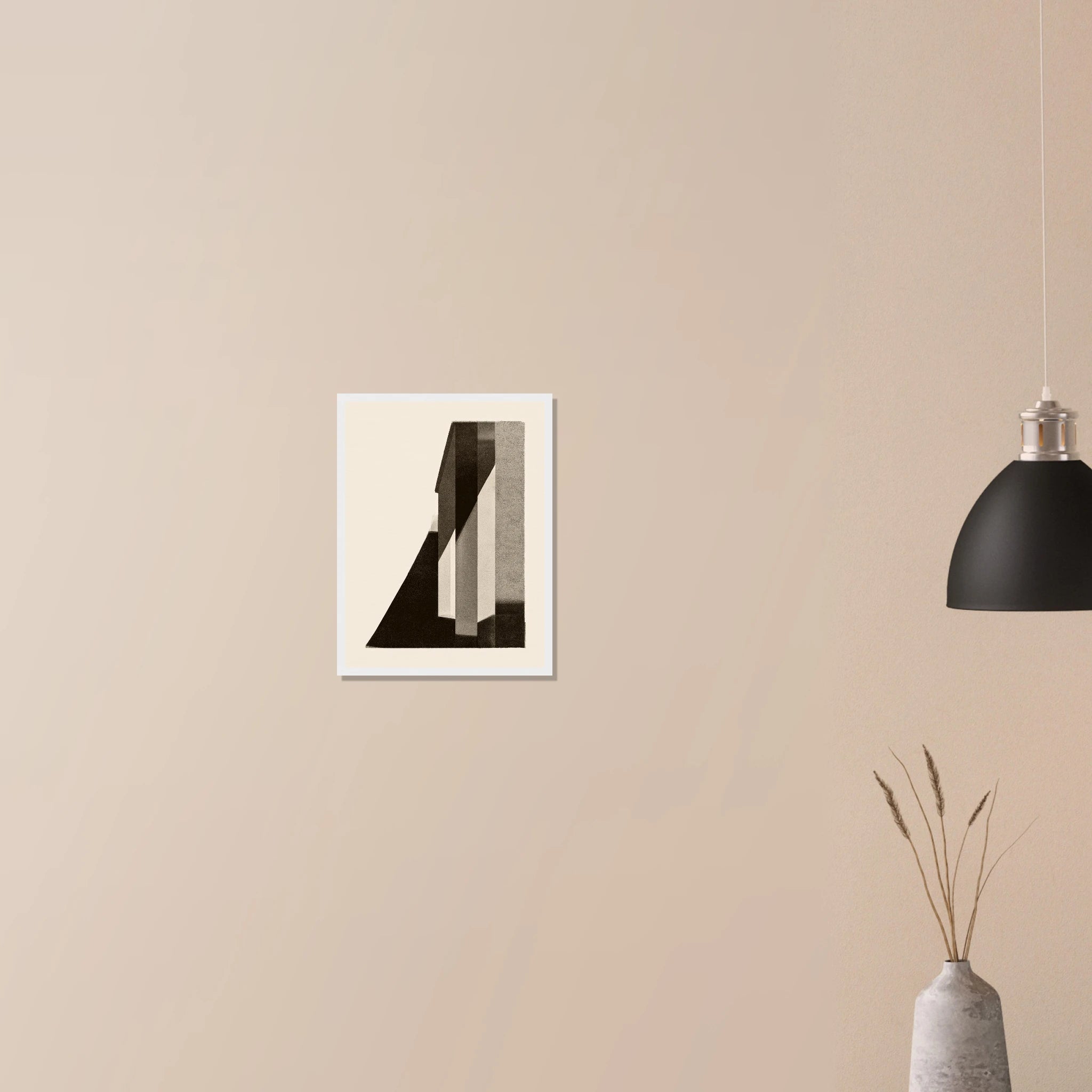 Corner Shadow minimalist abstract print in white frame on neutral wall, angular shadow detail in warm neutral palette