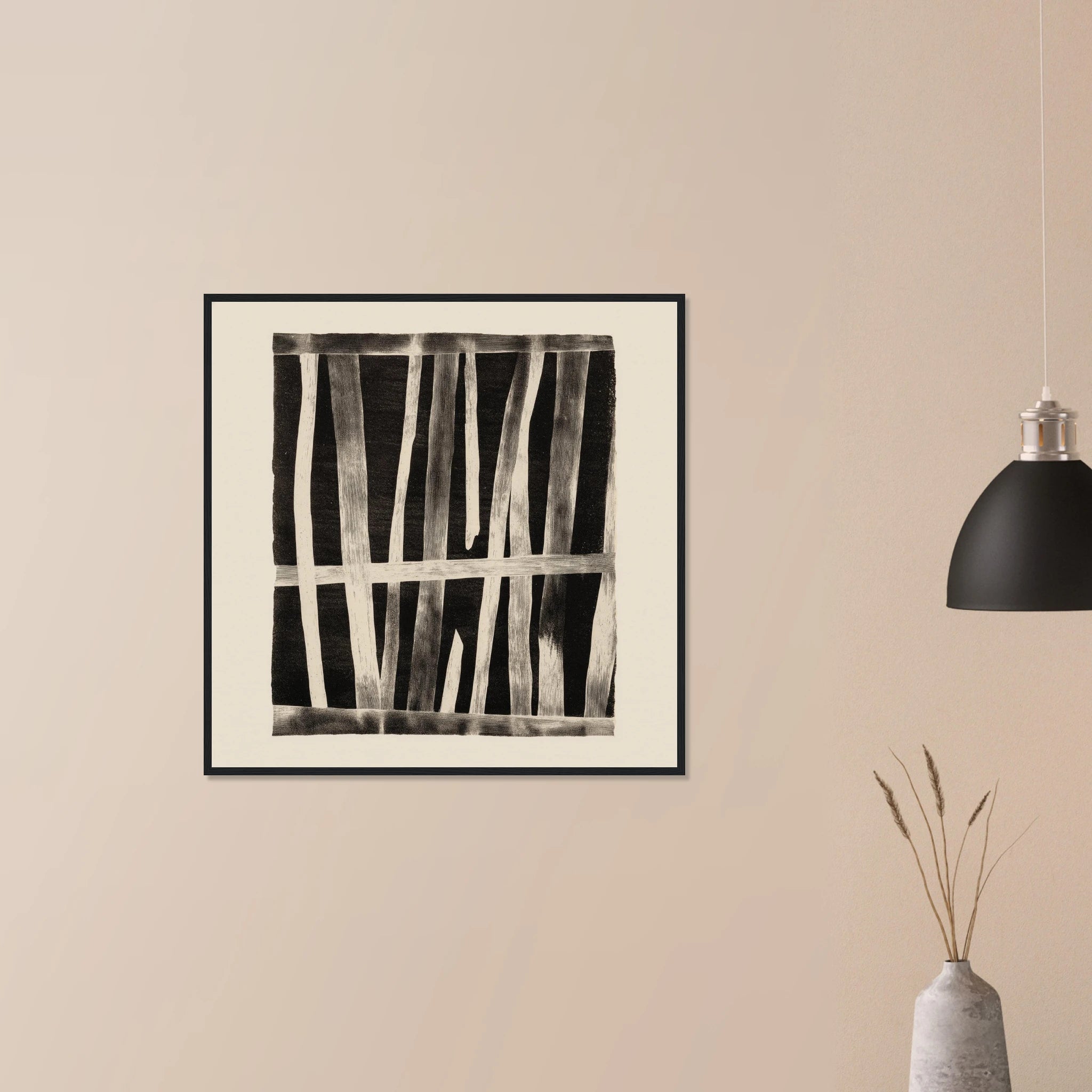 Weathered Barn Wall rustic statement art in white frame on neutral wall, weathered plank surface in warm neutral tones