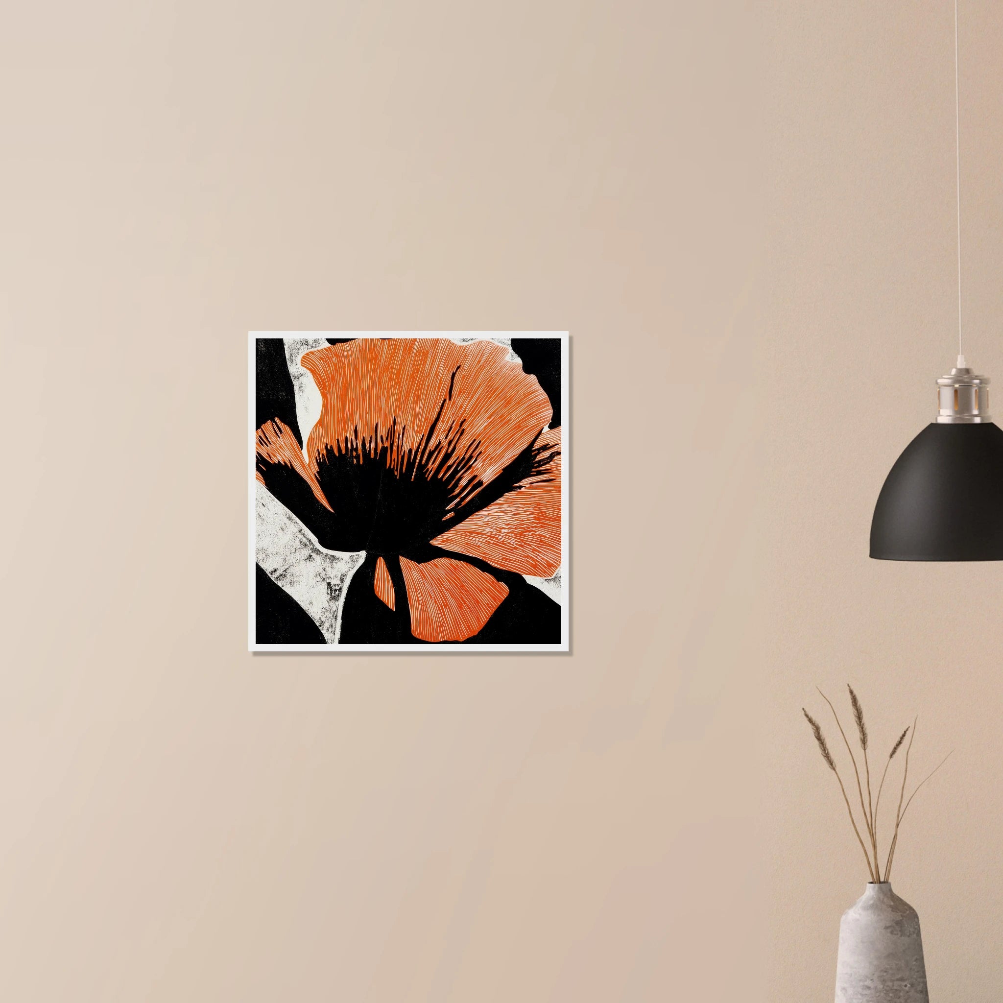 California Poppy No. 03 modern floral wall art in white frame on neutral wall, saturated orange petals with fine carved line detail