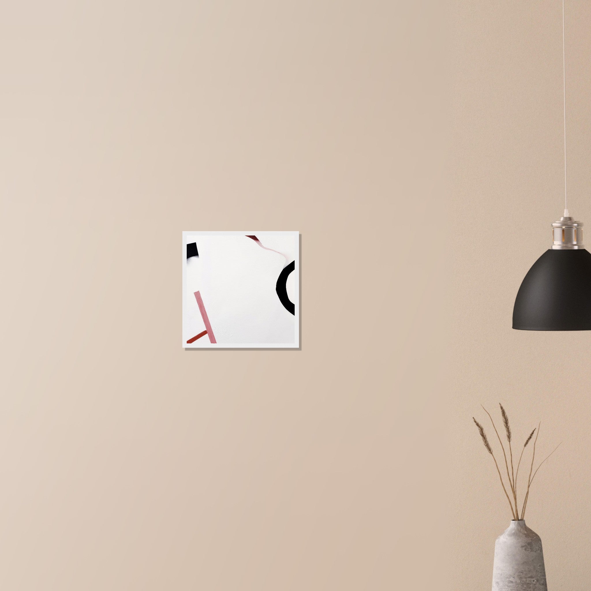 Survey Flags expansive white abstract art in white frame on neutral wall in modern home, red ribbon line and black form creating tension
