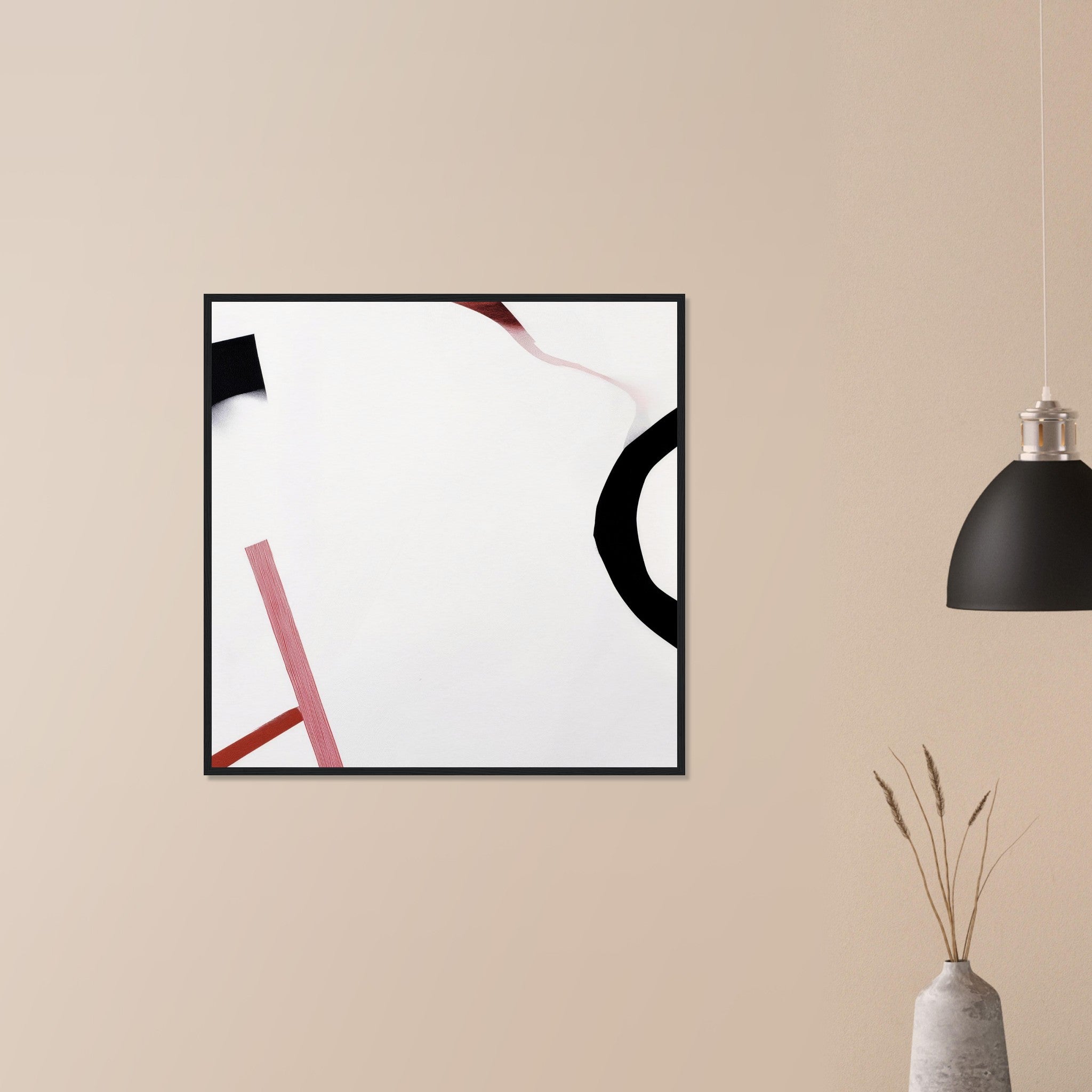 Survey Flags bold white field abstract in white frame on neutral wall in modern home, red and black marks at edges with dramatic negative space
