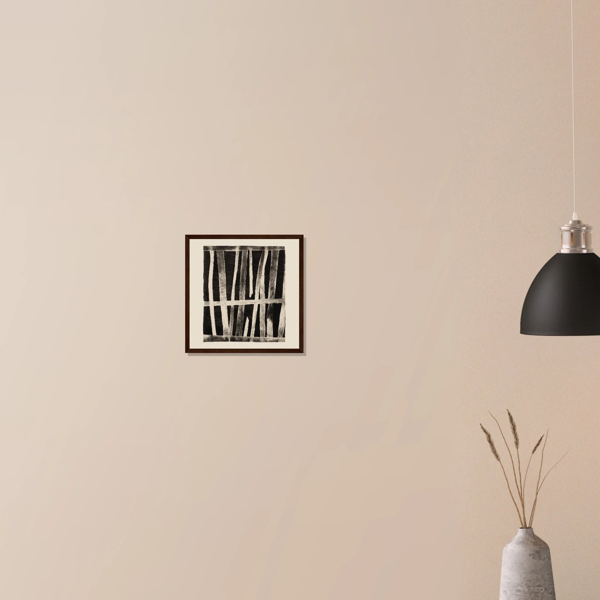 Weathered Barn Wall rustic modern print in dark wood frame on neutral wall, warm beige and red wood grain texture