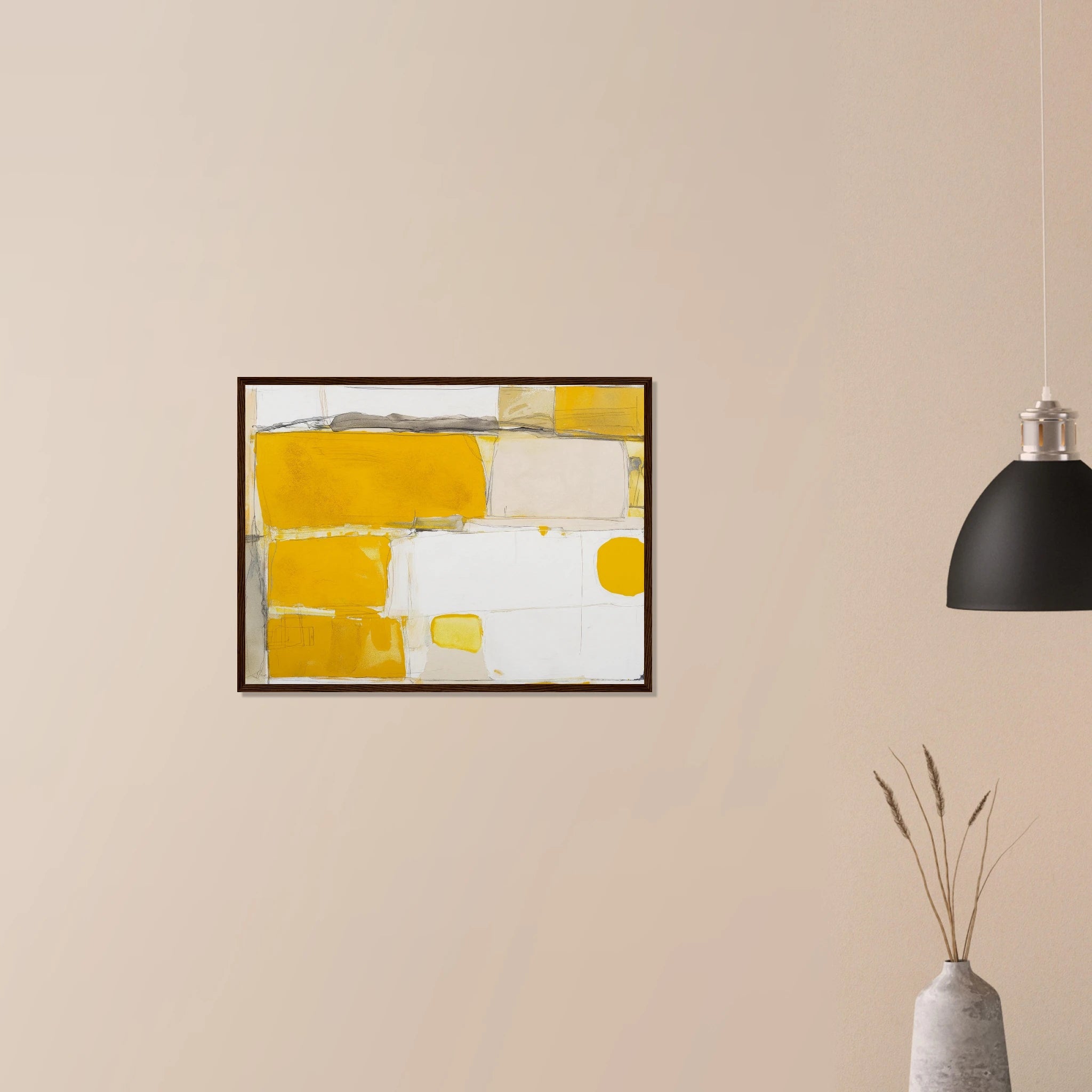 Mustard Field Abstract modern tonal artwork in natural wood frame on neutral wall, layered mustard and sage hues