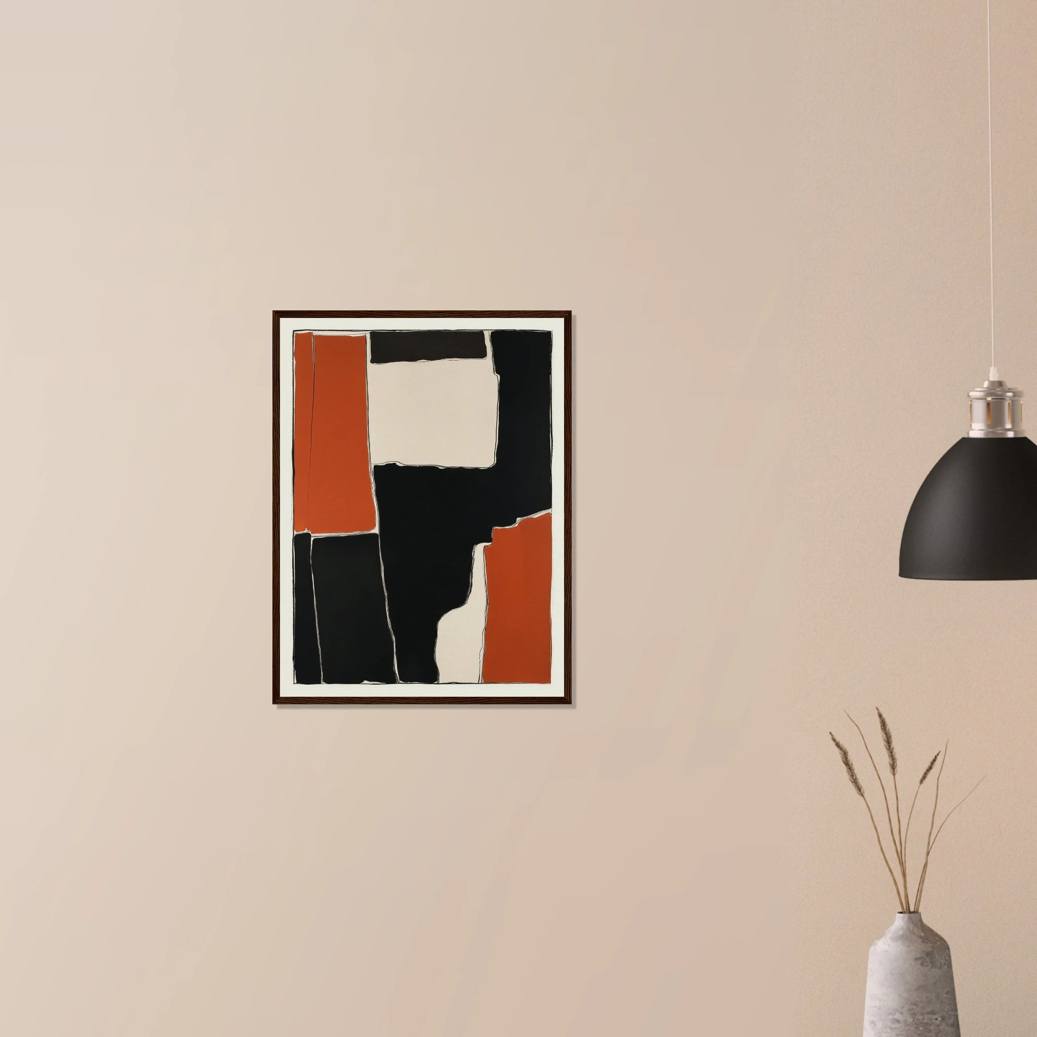 Interlocking Rust I geometric rust print in natural wood frame on neutral wall, warm orange and black contrast