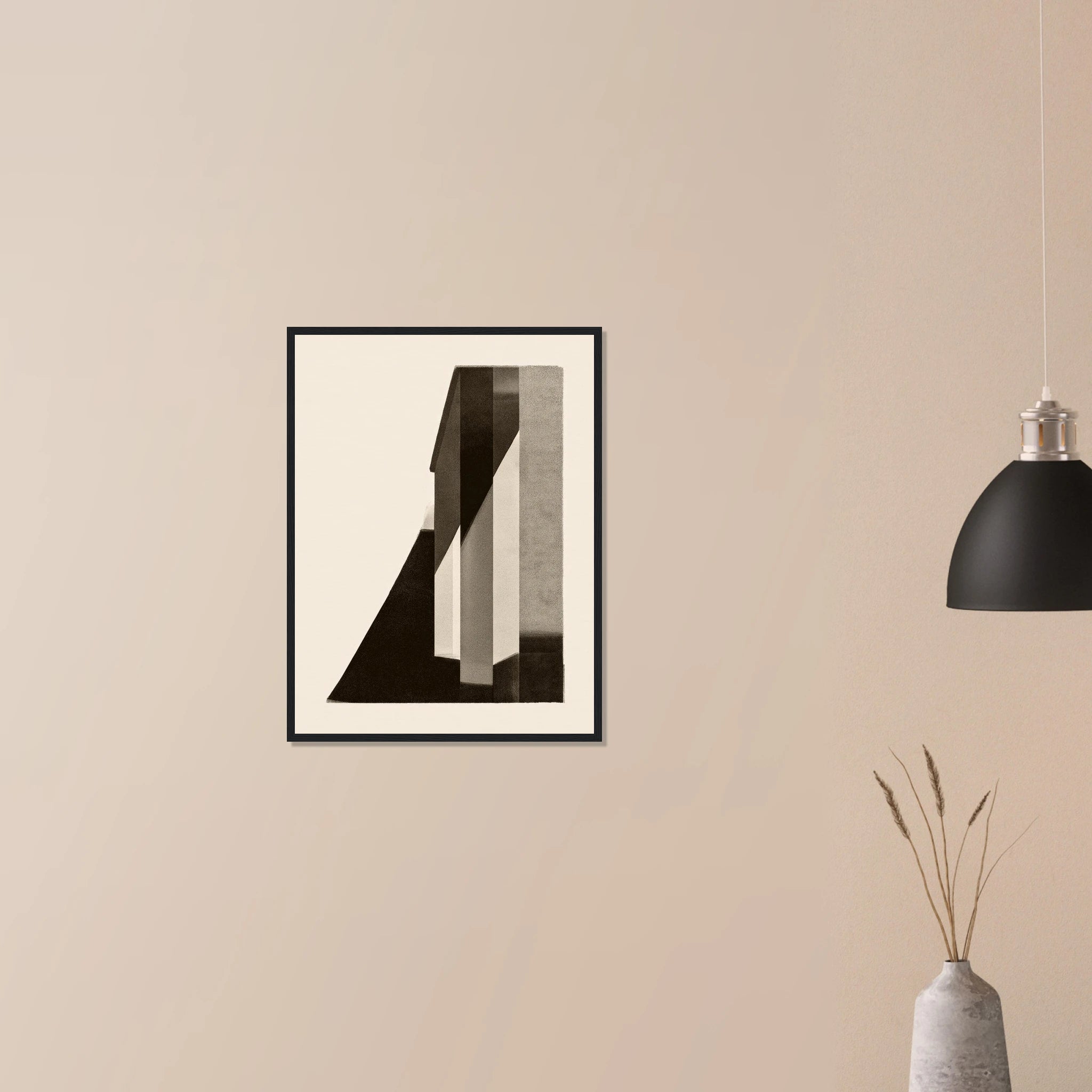 Corner Shadow abstract art in white frame on neutral wall, beige wall corner with dramatic charcoal shadow for living room decor