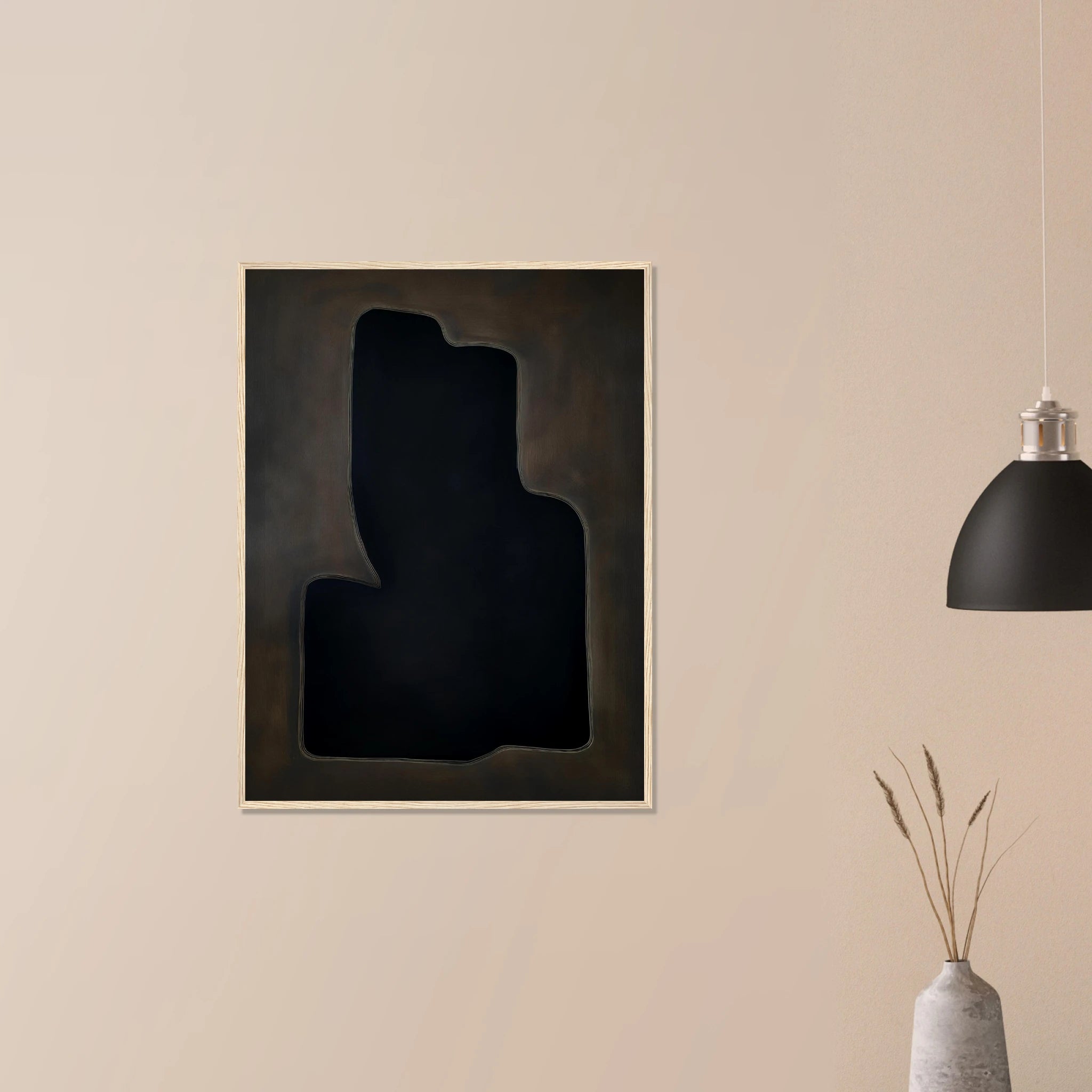 Dark Vessel neutral wall art in dark wood frame on neutral wall, bold vessel shape in deep earth tones