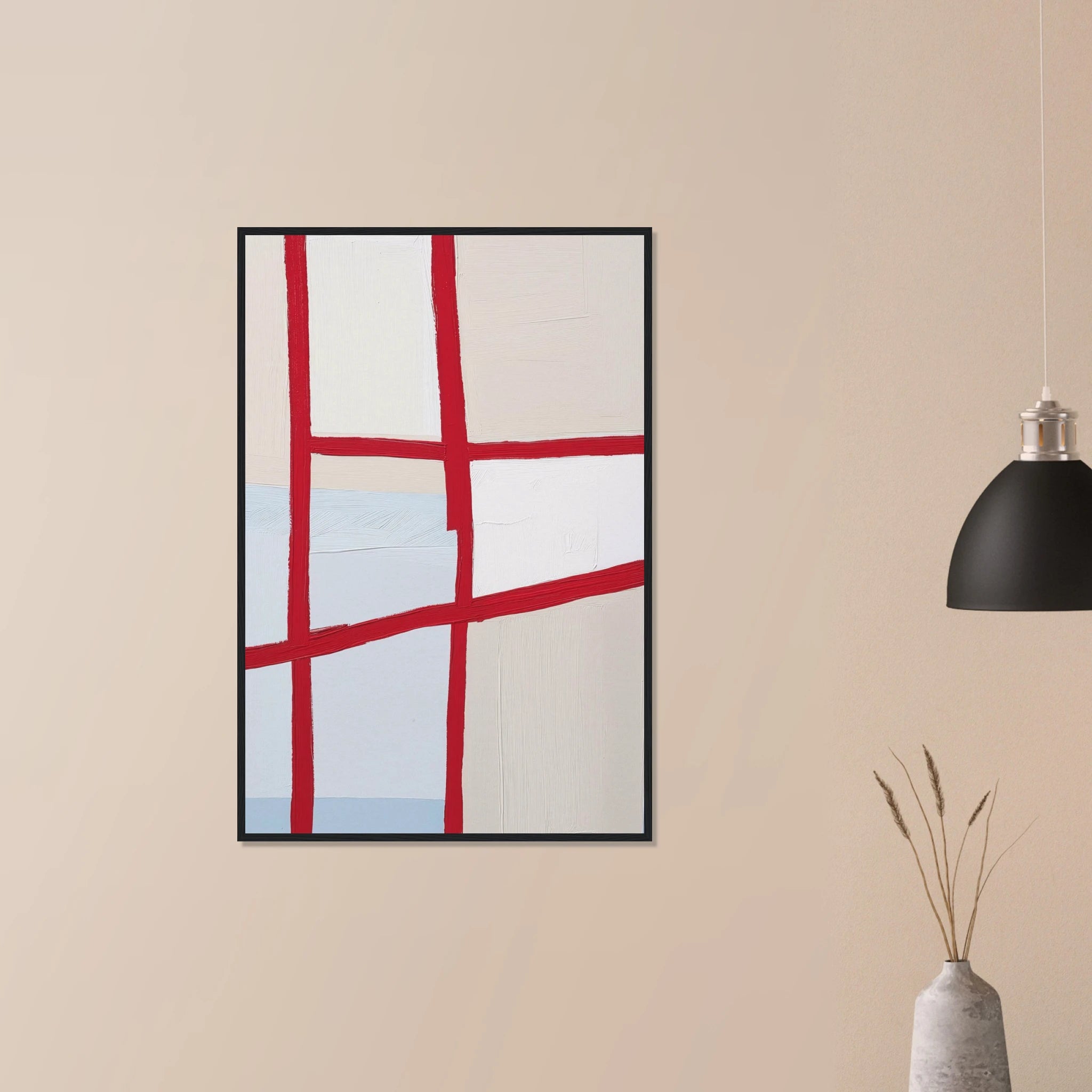 Orchard Plat large scale red line abstract in white frame on neutral wall in modern home, imperfect grid over fog toned landscape base