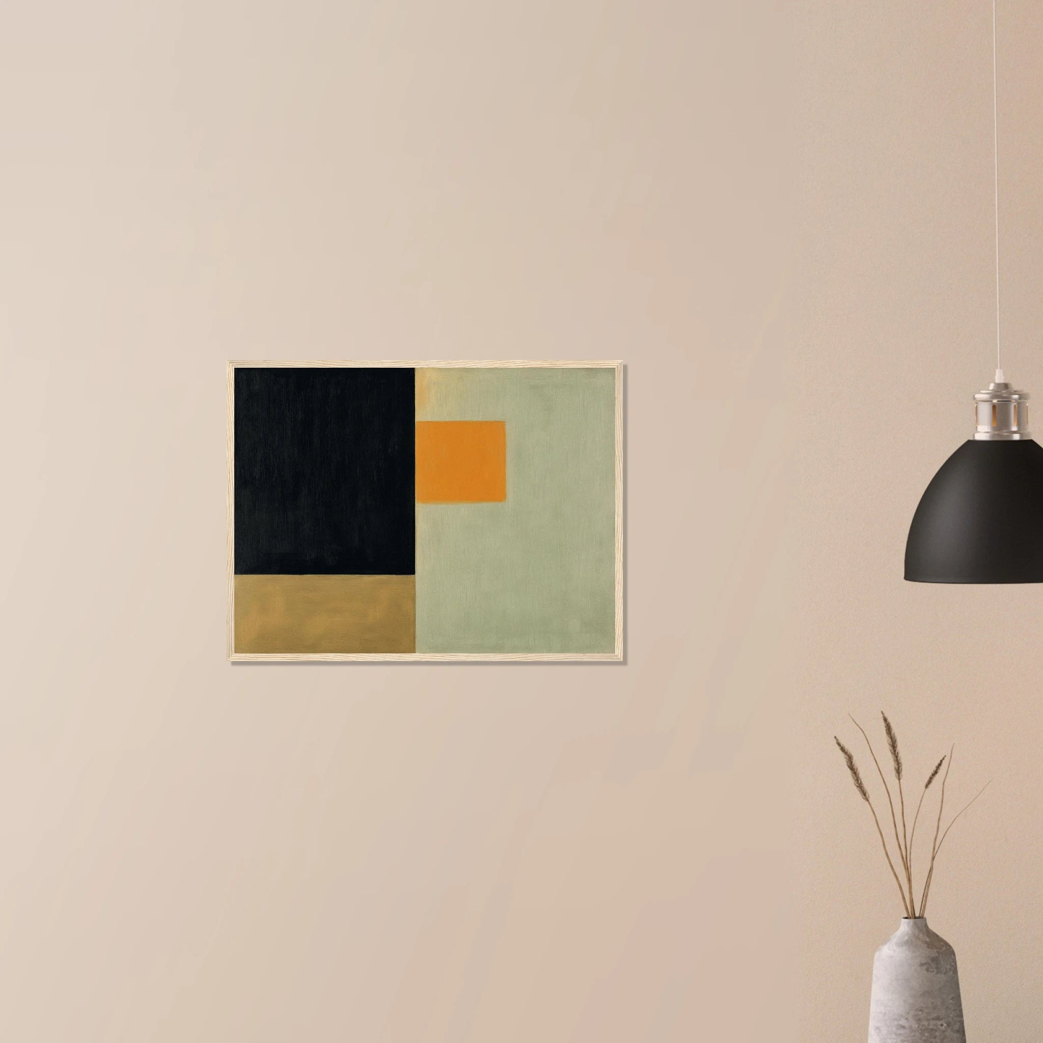 Clarity No. 07 The Distillation modern tonal art in dark wood frame on neutral wall, layered grey and cream fields
