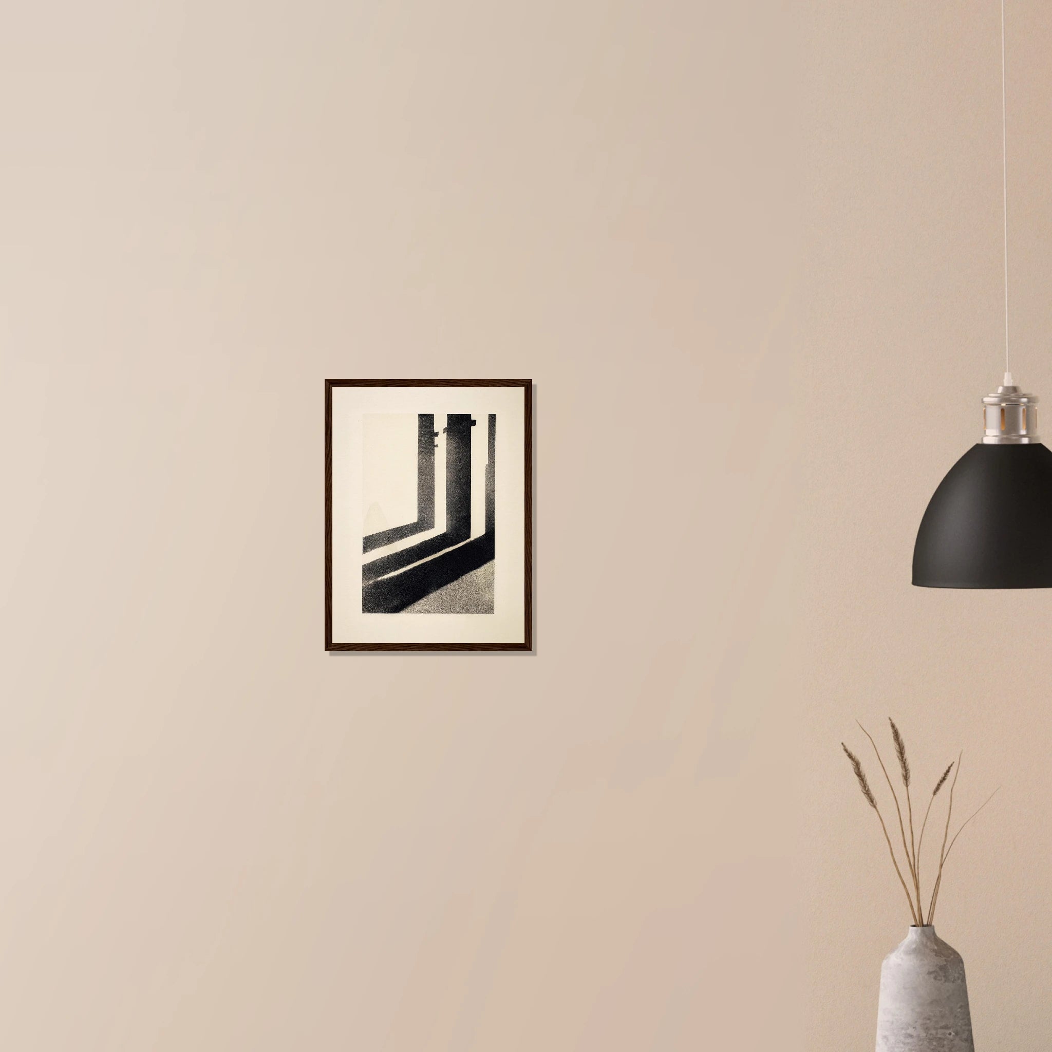Pillar Shadows minimalist print in dark wood frame on neutral wall, architectural shadow study in cream and black