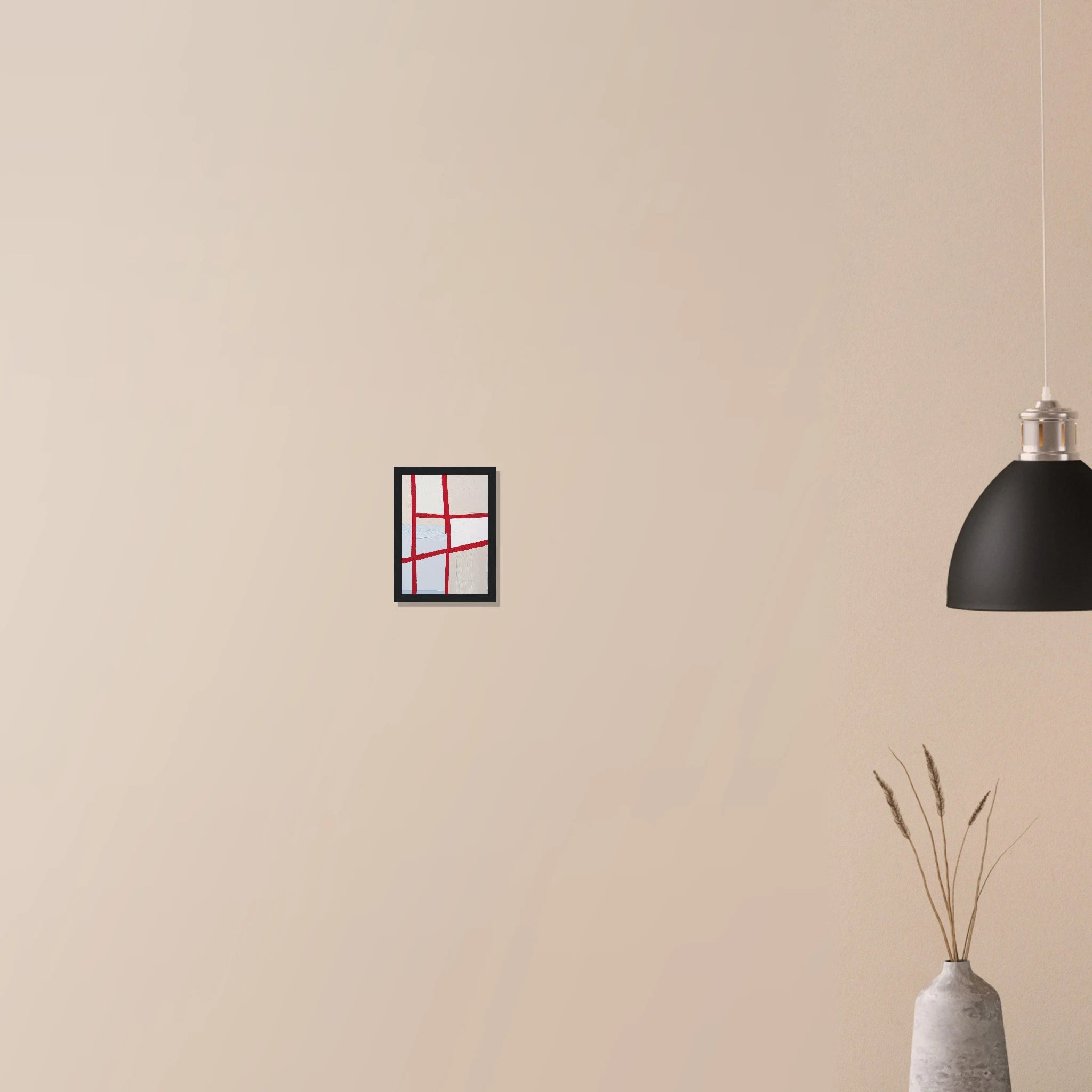 Orchard Plat structured red line artwork in white frame on neutral wall in modern home, orchard inspired geometry with subtle color variation