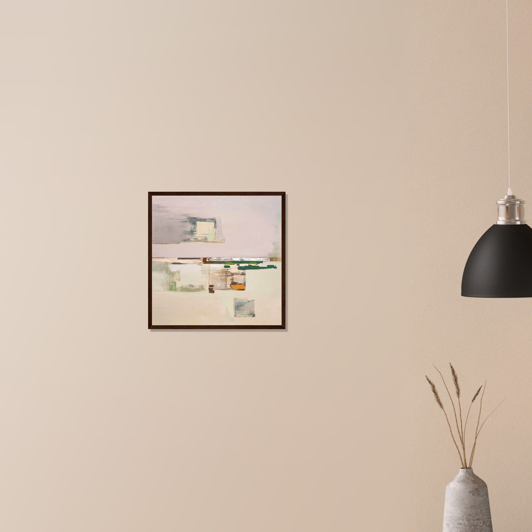 Oakville Floor calm horizontal abstract art in black frame on neutral wall in modern home, muted green and soil inspired palette