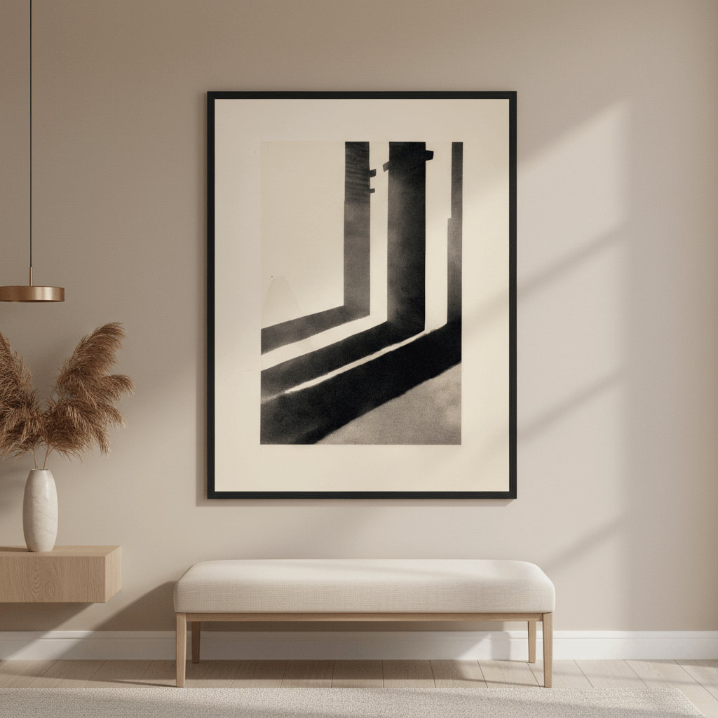 Pillar Shadows modern neutral print with elongated shadow forms in sand and soft black tones, minimalist interior study