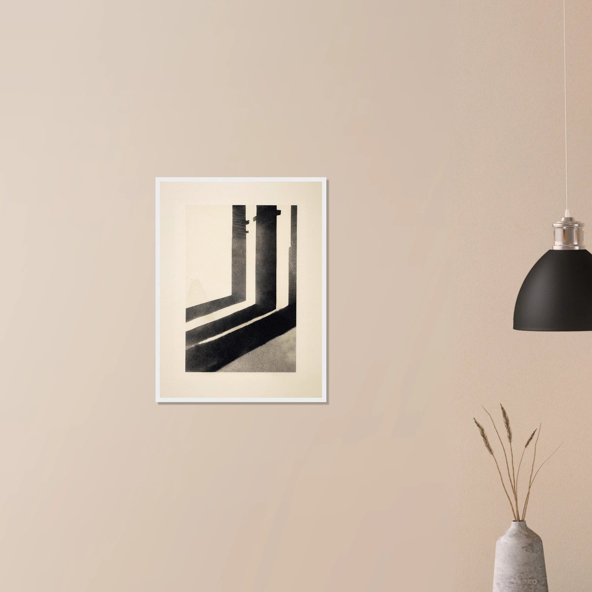 Pillar Shadows minimalist abstract print in white frame on neutral wall, soft cream pillars with dramatic shadow