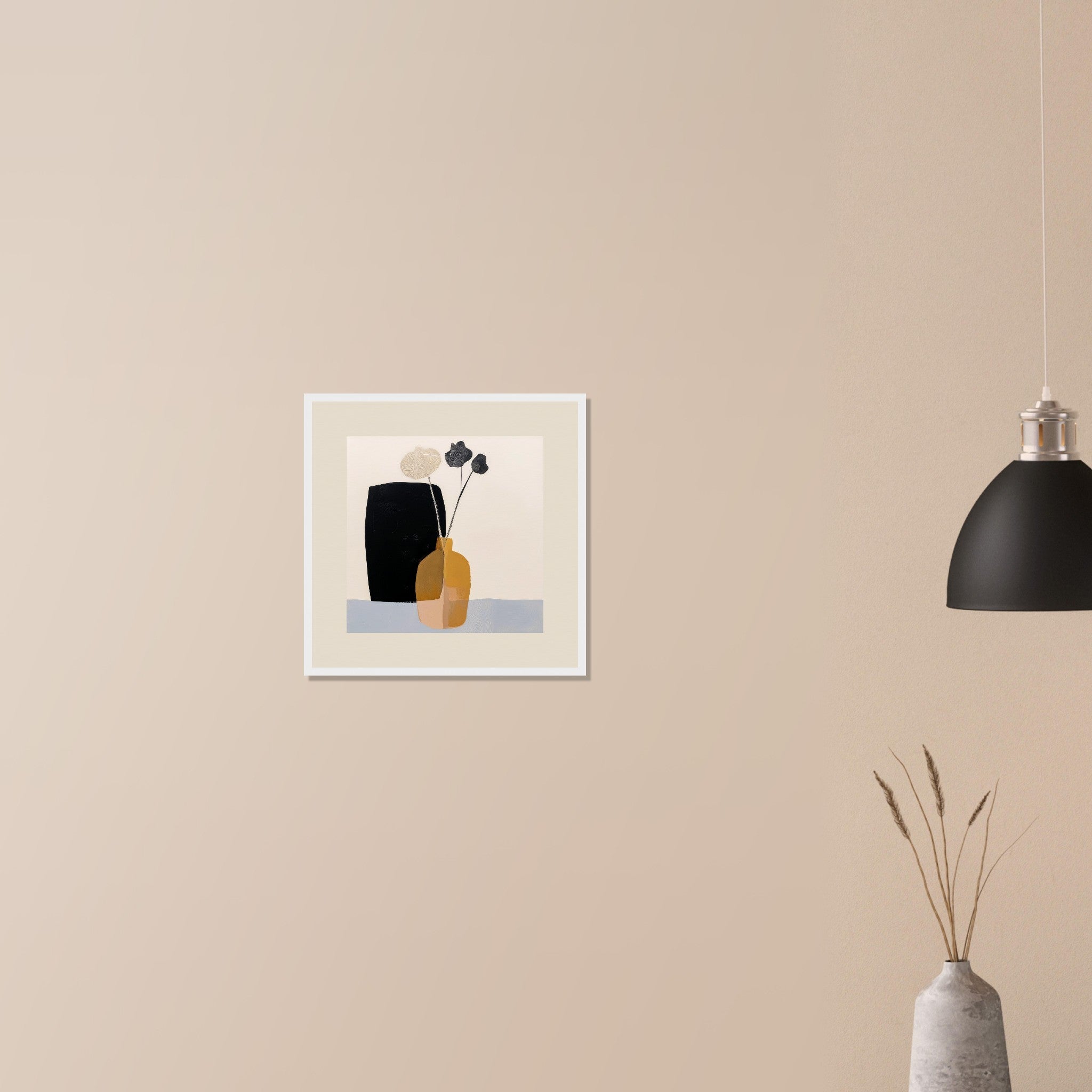 Dry Arrangement graphic dried flower print in black frame on neutral wall in modern home, minimalist vessel and stem silhouette