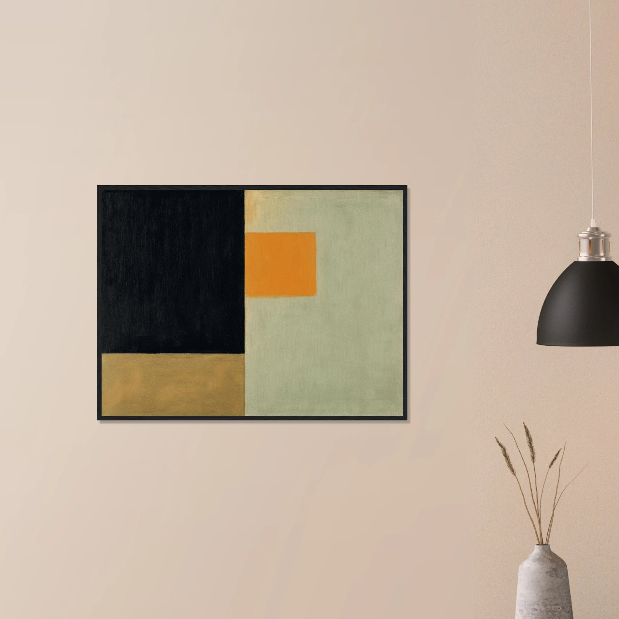 Clarity No. 07 The Distillation abstract art in natural wood frame on neutral wall, soft cream and grey vertical shape