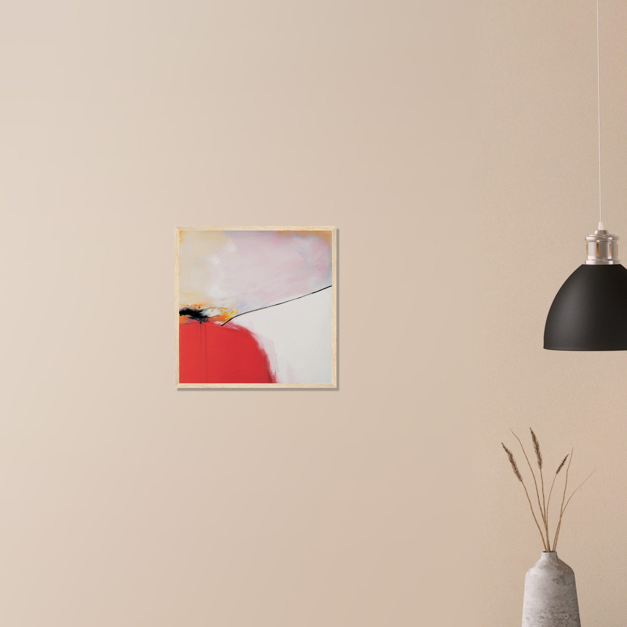 Controlled Burn bold red and white wall art in dark wood frame on neutral wall in modern home, striking diagonal line separating fire and sky