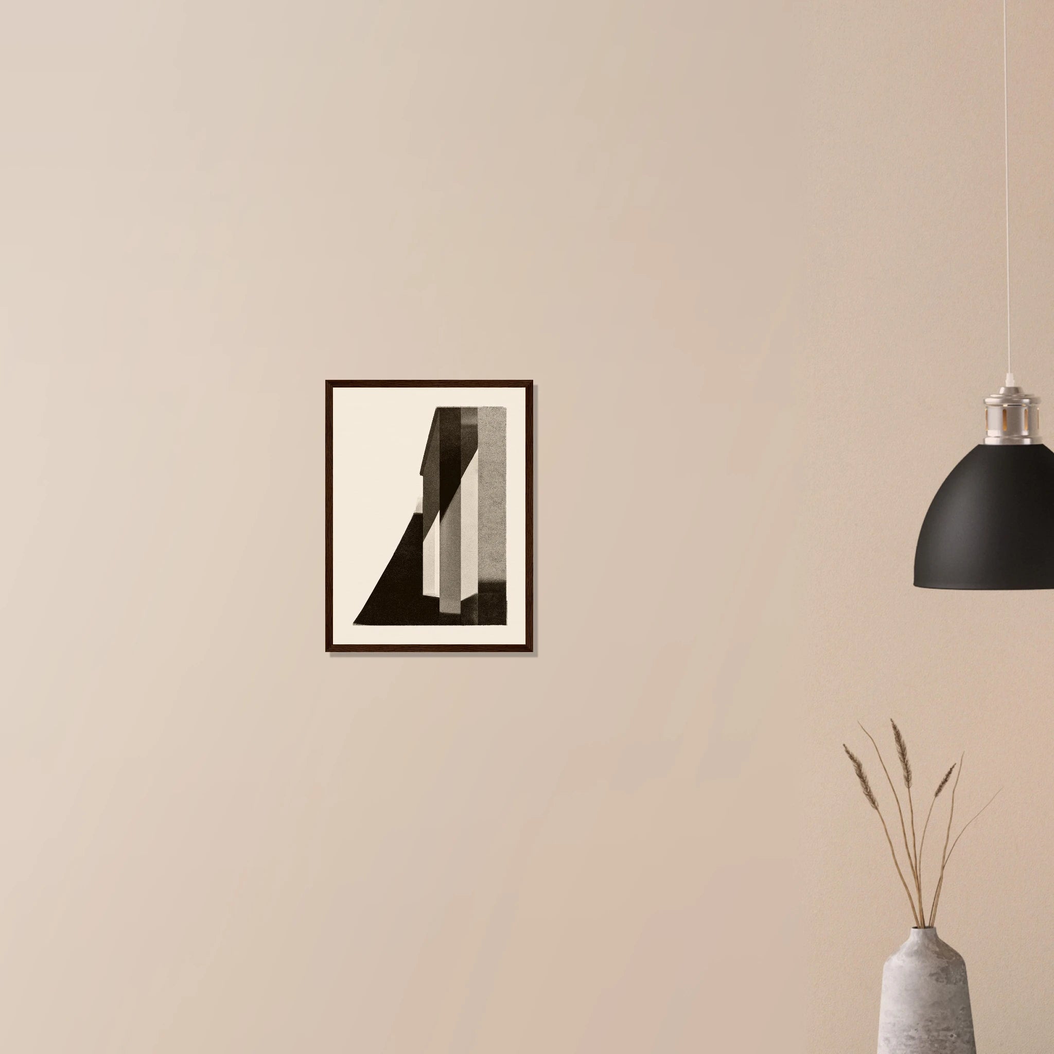 Corner Shadow neutral wall art in dark wood frame on neutral wall, sculptural shadow form in cream and charcoal