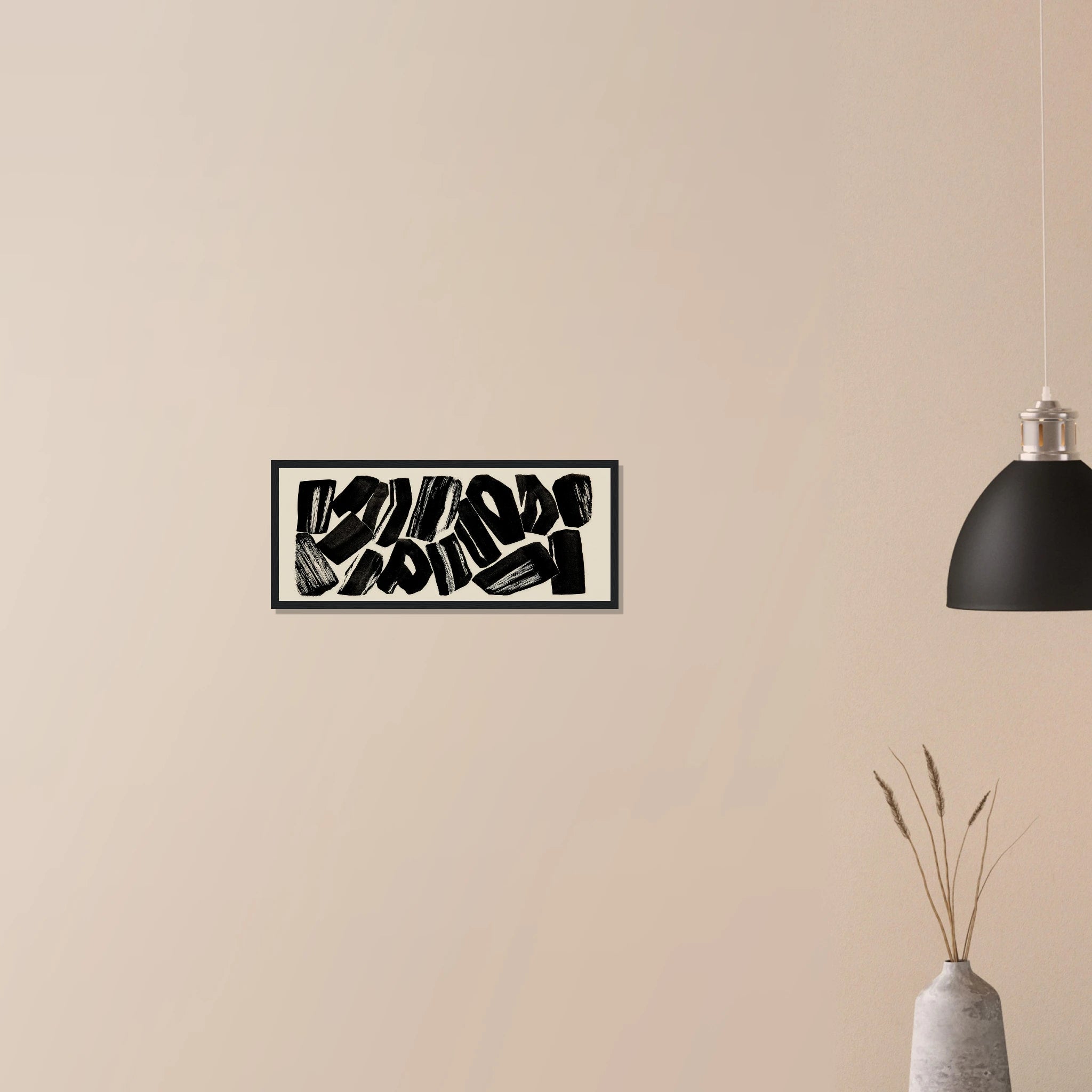 Char Study large scale black and cream abstract in white frame on neutral wall in modern home, woodblock style char pattern across canvas