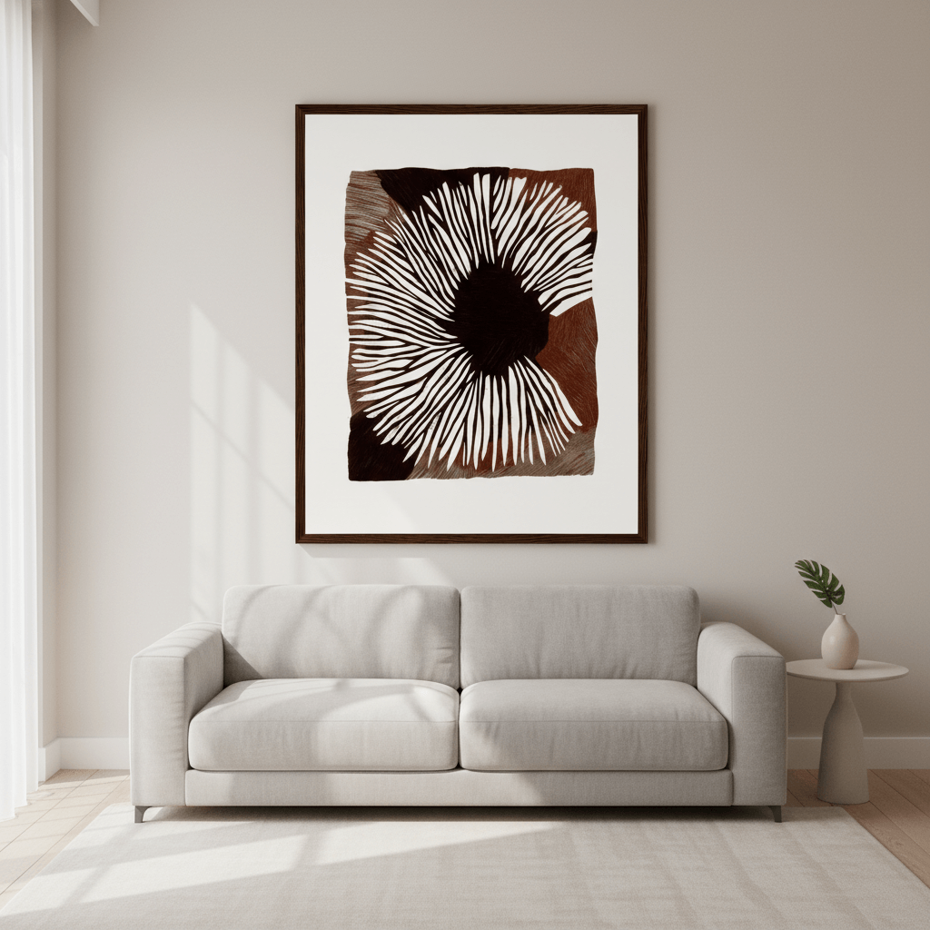 Sea Fig No. 01 graphic sea fig flower artwork with explosive petal lines and wood grain texture, modern California coastal decor
