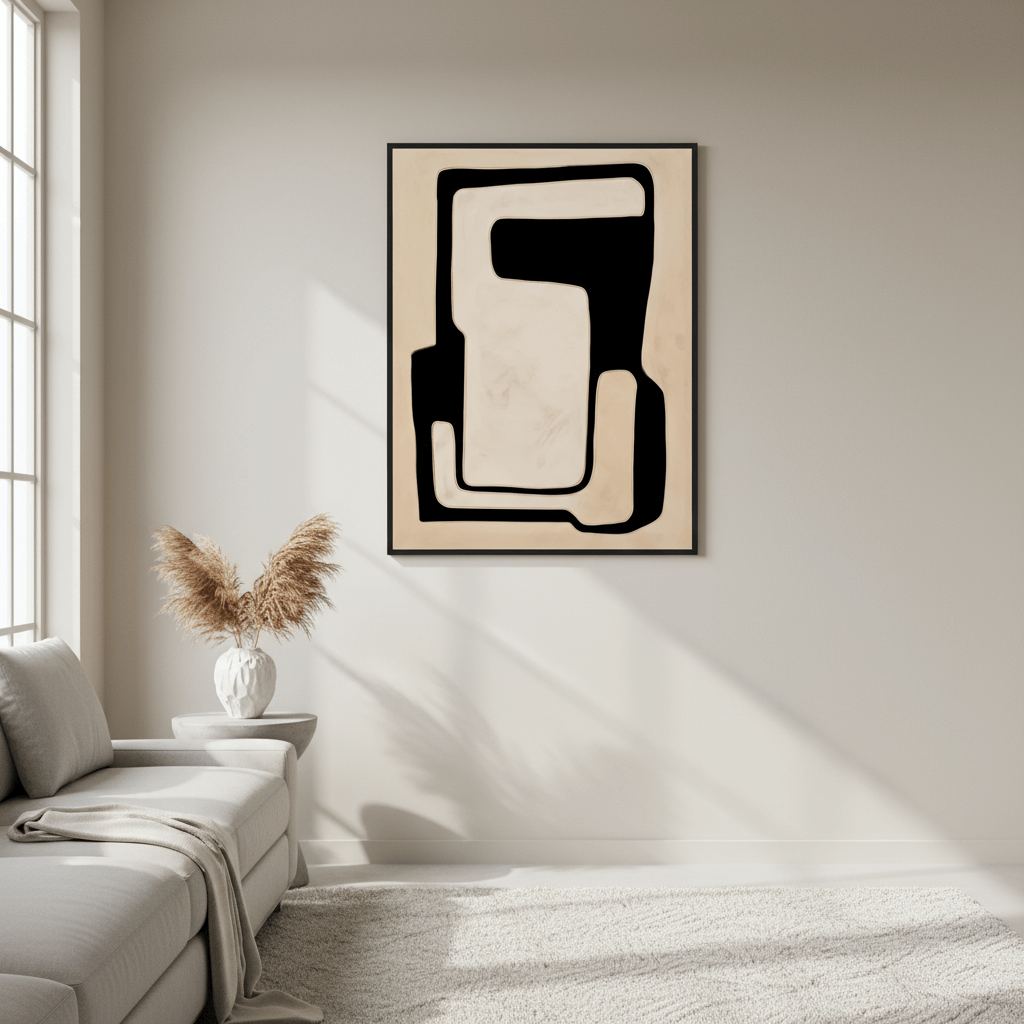 Contour Study No. 01 Interlocking Forms graphic geometric abstract print with large puzzle piece forms in monochrome black and soft ivory