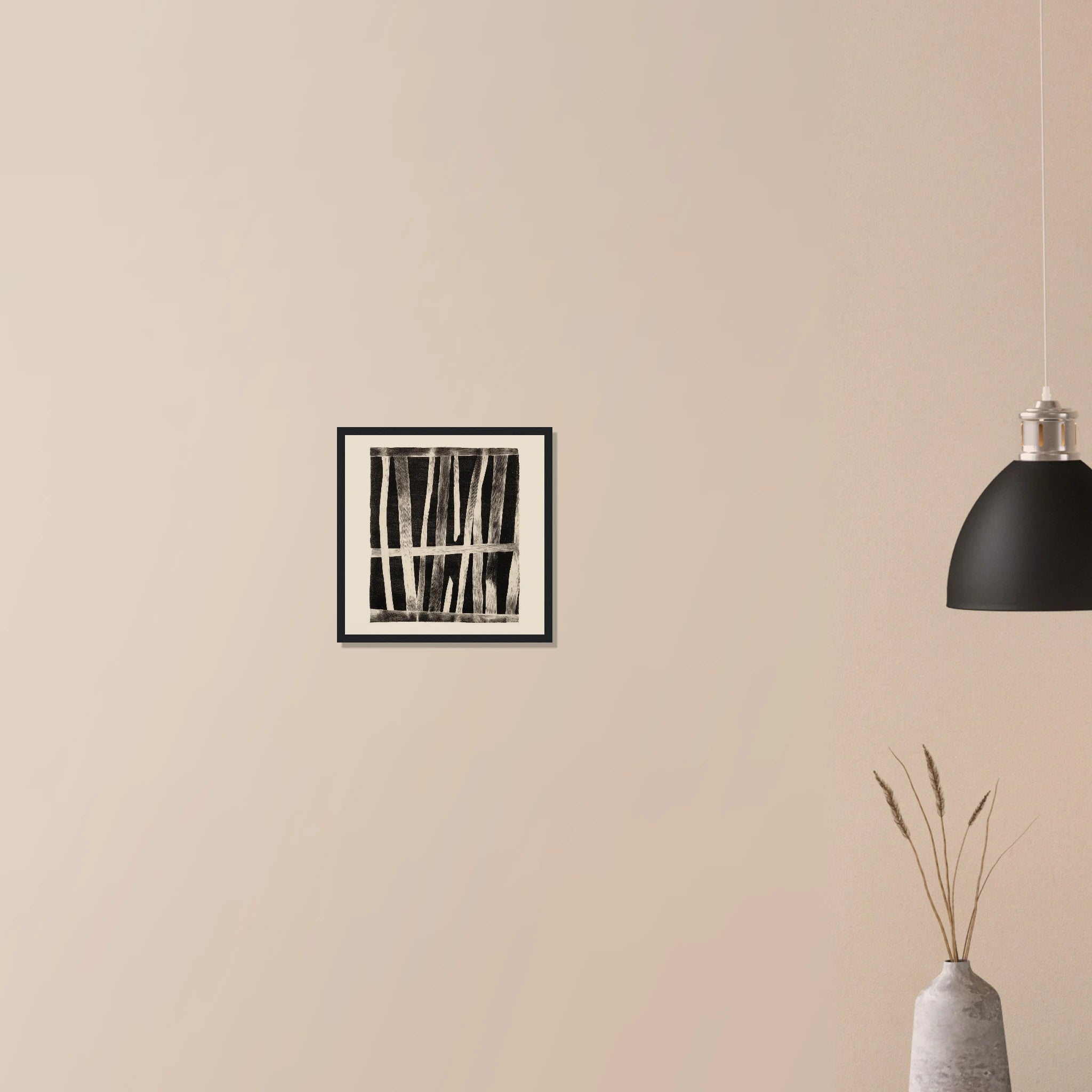 Weathered Barn Wall rustic wall art in white frame on neutral wall, reclaimed barn wood planks in warm beige