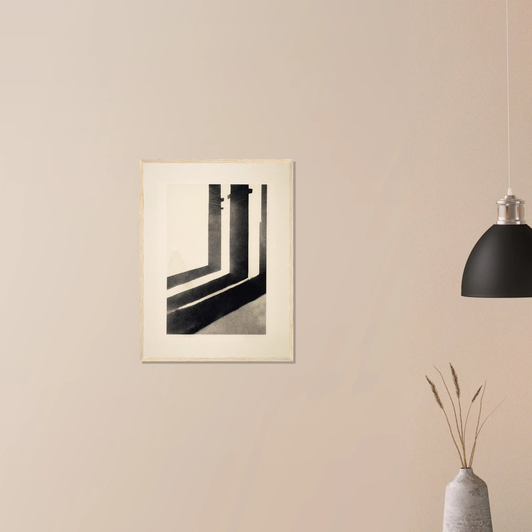 Pillar Shadows modern tonal artwork in natural wood frame on neutral wall, elongated shadow lines in beige and black