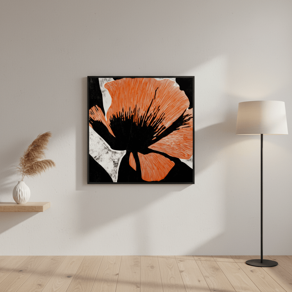 California Poppy No. 03 bold California native flower print, saturated rust orange petals with graphic linocut detail for modern decor