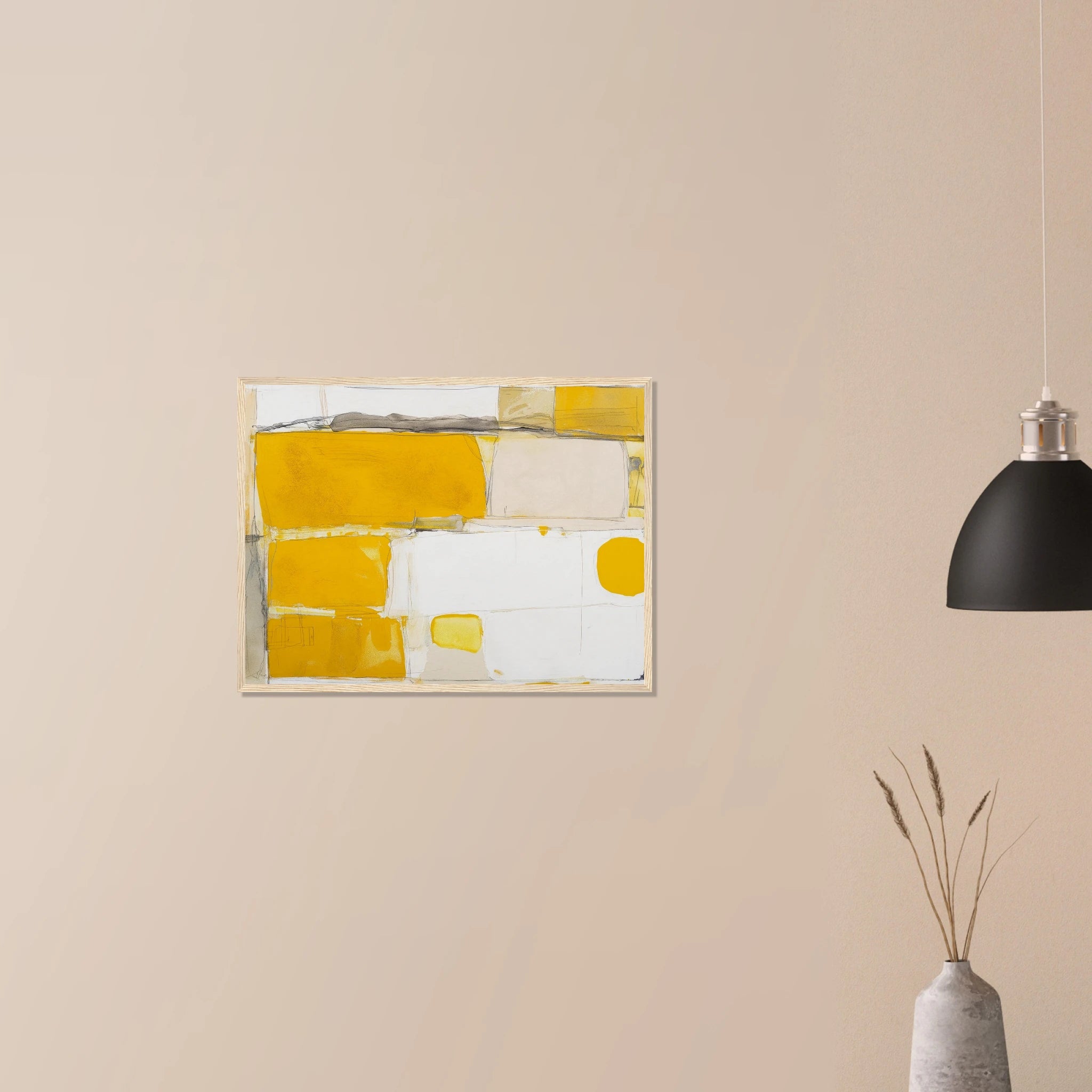 Mustard Field Abstract modern minimalist print in natural wood frame on neutral wall, warm golden farmland tones