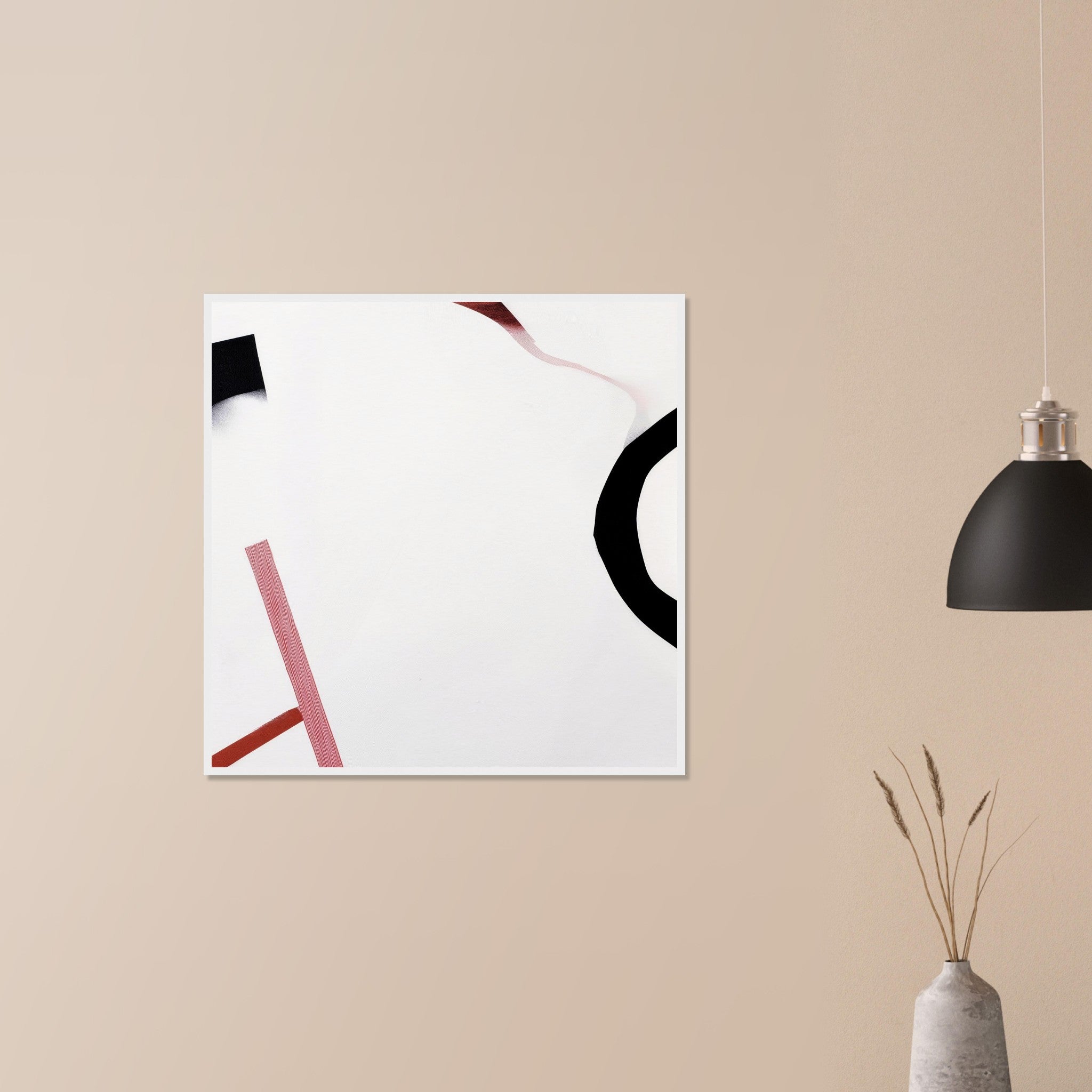 Survey Flags high contrast minimal artwork in black frame on neutral wall in modern home, red stakes and black arc with strong edge placement
