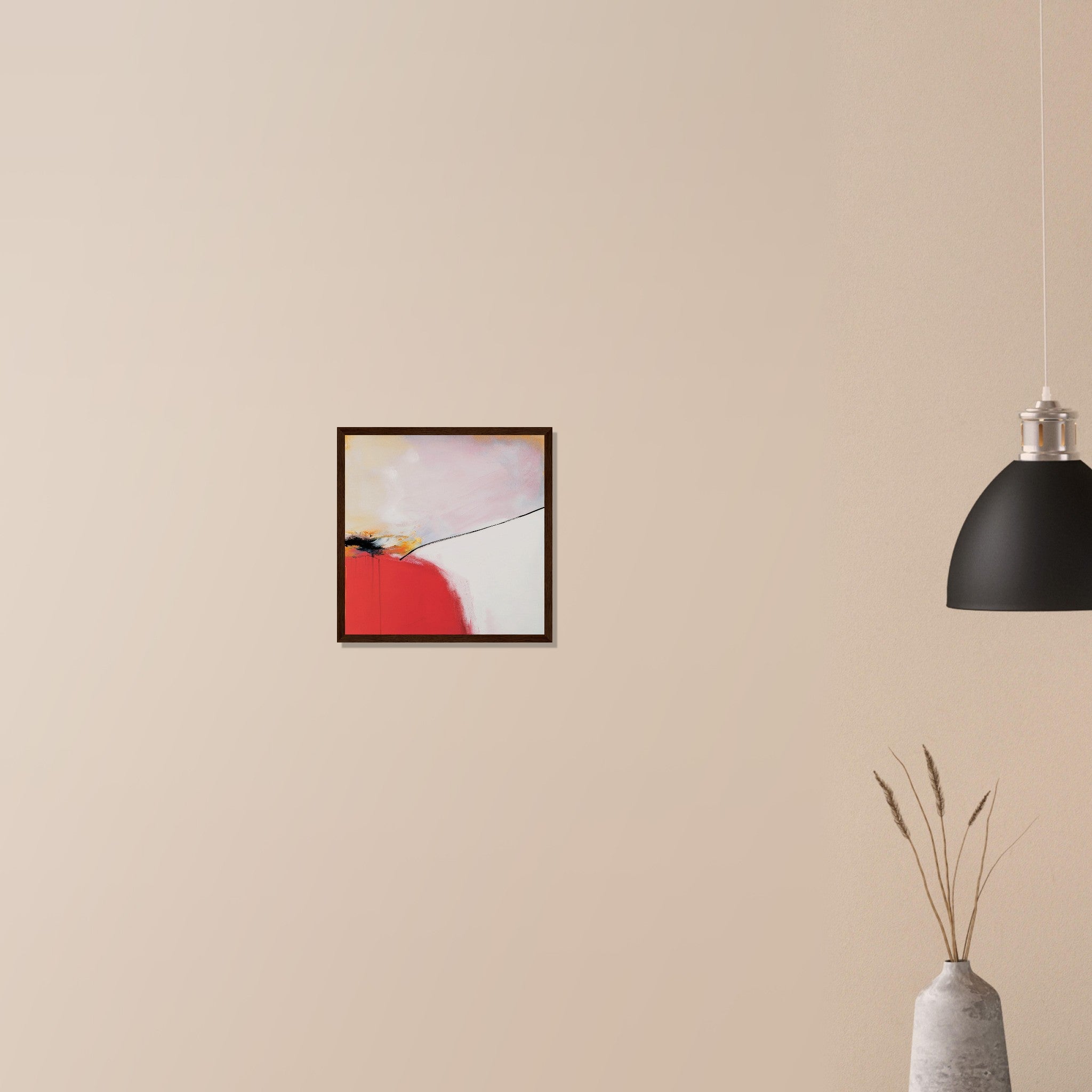 Controlled Burn statement red and white abstract art in wood frame on neutral wall in modern home, bold fire mass with sharp dividing edge