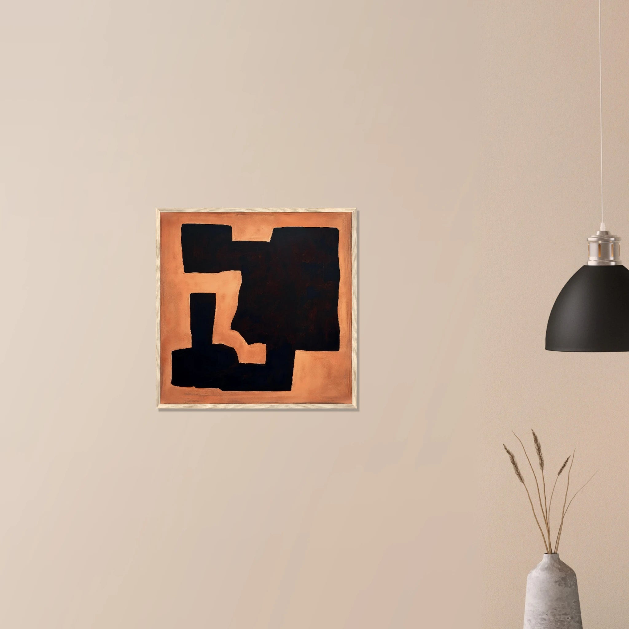 Terracotta Fragment abstract wall decor in dark wood frame on neutral wall, earthy rust pottery form