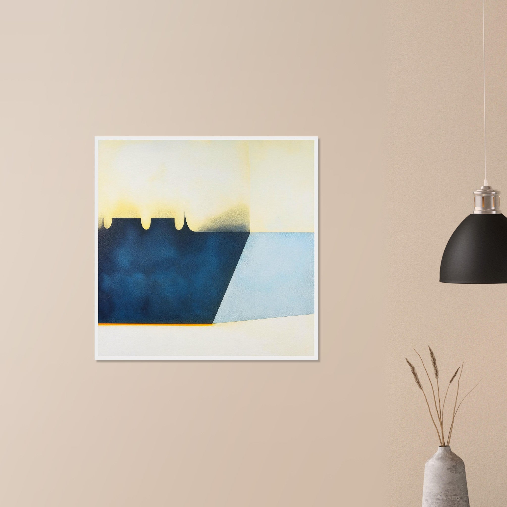 Reservoir Cut navy and sky blue abstract art in white frame on neutral wall in modern home, geometric dam form with amber accent line