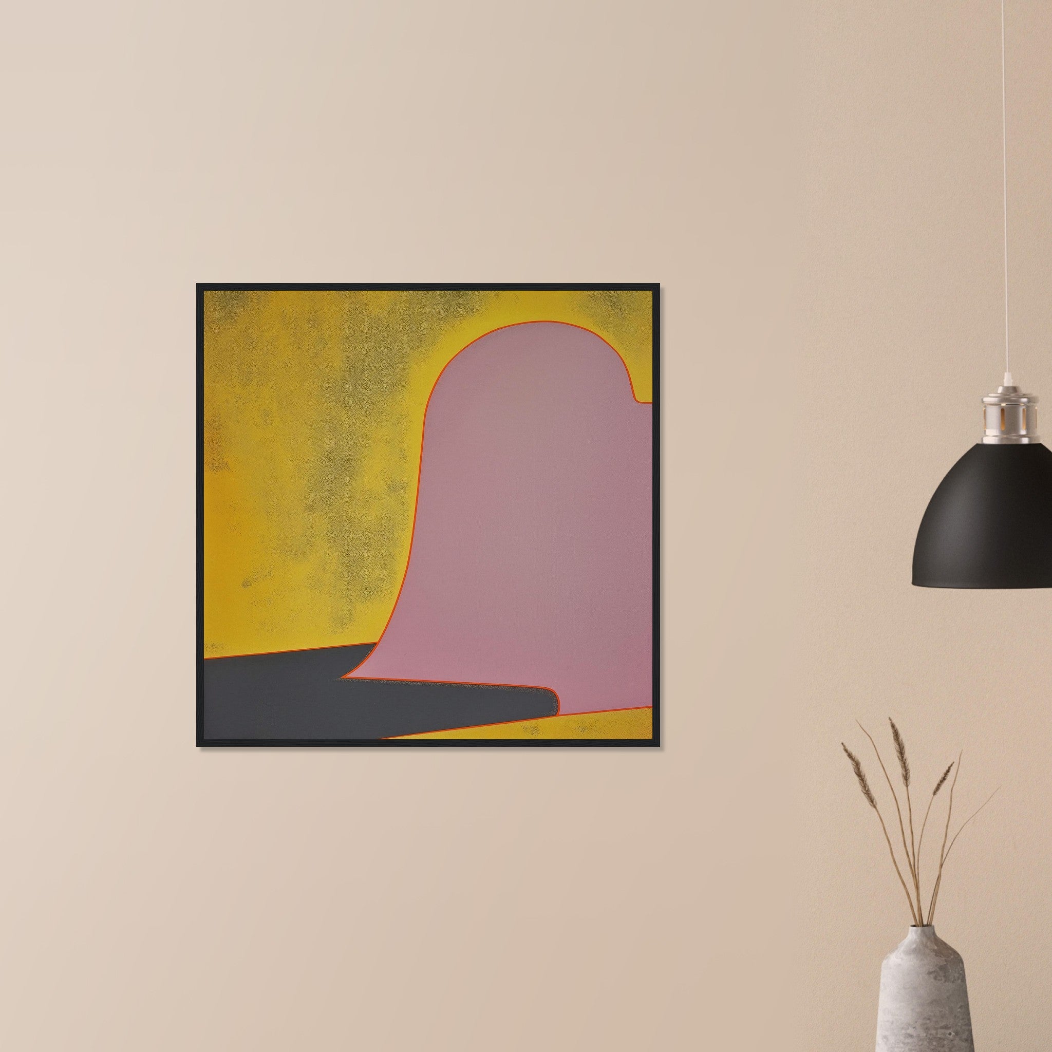 Colusa at Noon mustard and mauve abstract art in white frame on neutral wall in modern home, domed form with striking red outline