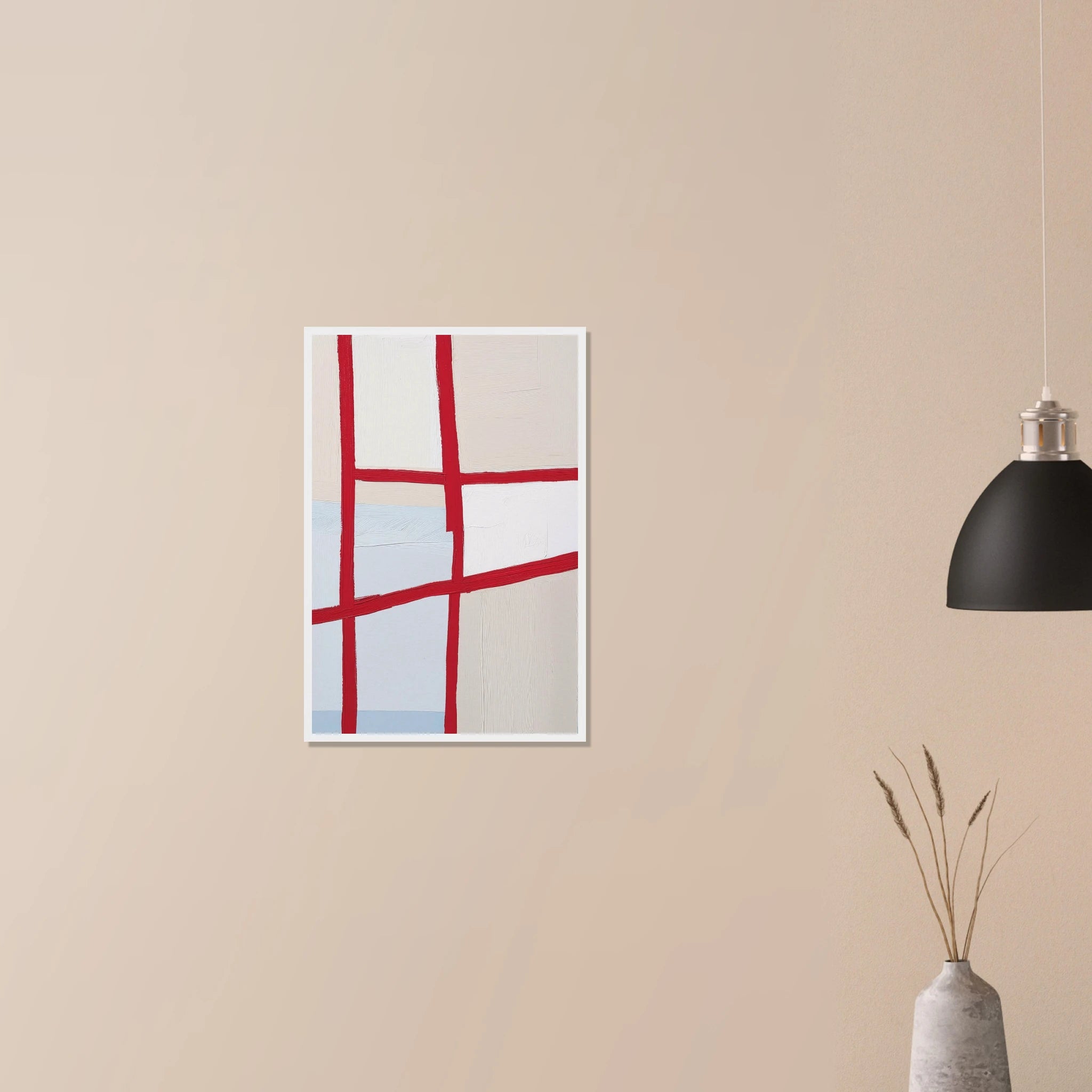 Orchard Plat modern architectural abstract in black frame on neutral wall in modern home, red grid imposed over pale blue and beige fields