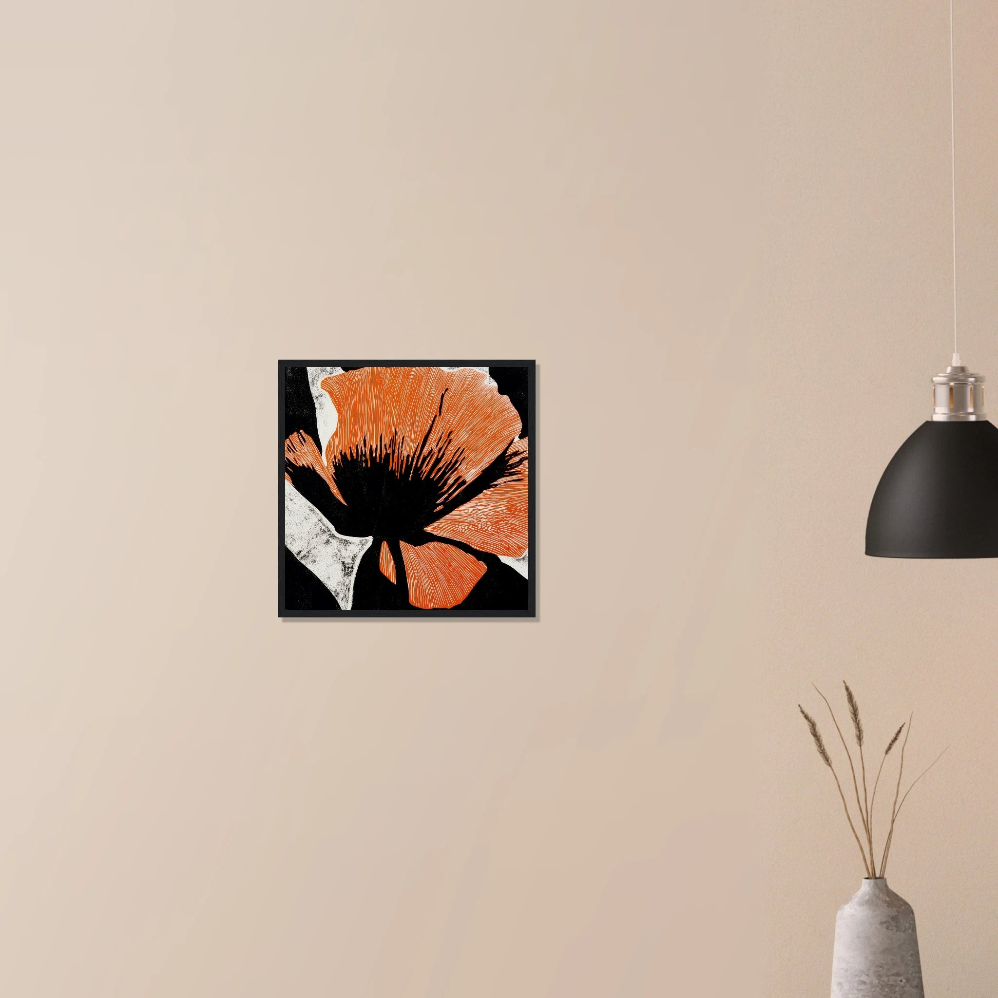 California Poppy No. 03 elegant native botanical artwork in black frame on neutral wall, high contrast coral bloom decor