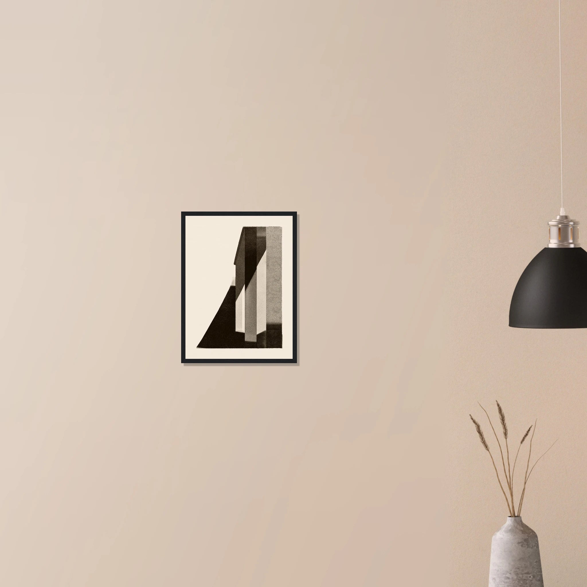Corner Shadow modern abstract artwork in black frame on neutral wall, high contrast corner light and shadow design