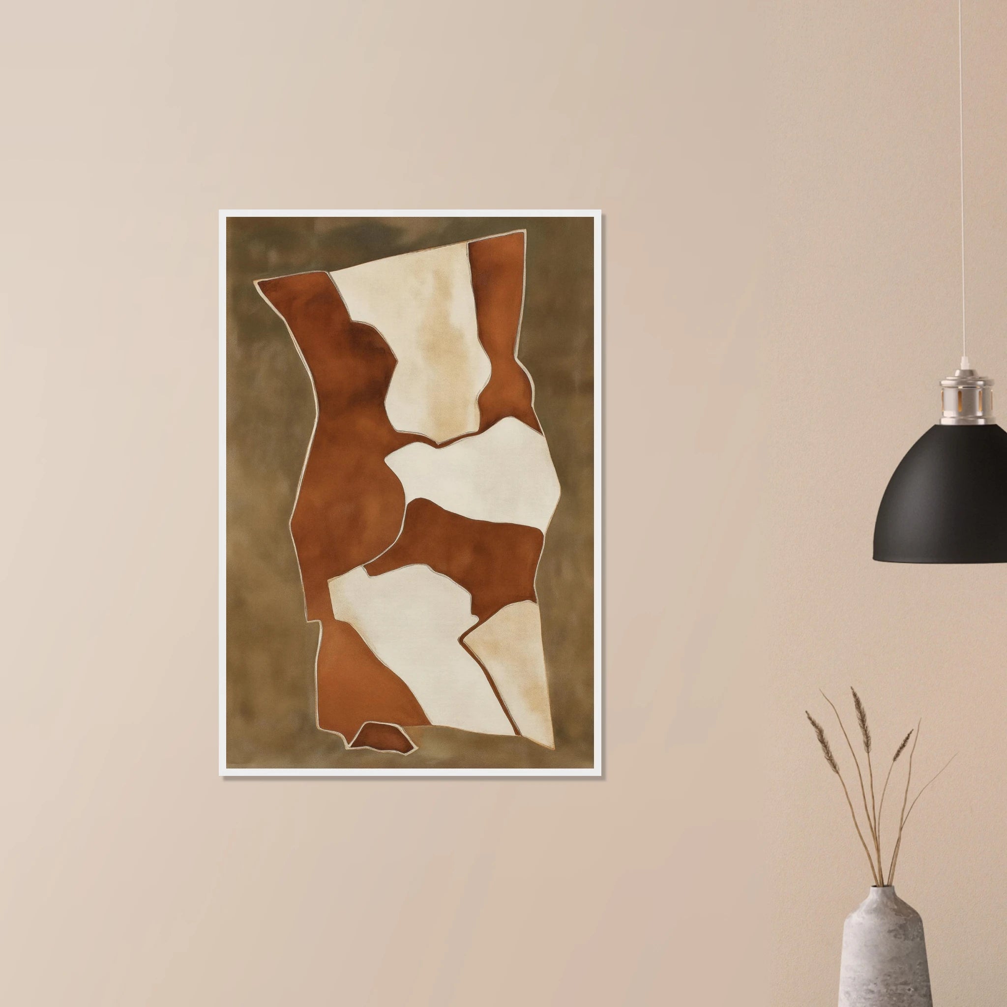 Earth Vessels contemporary neutral art in black frame on neutral wall, layered vessel silhouettes in warm tones
