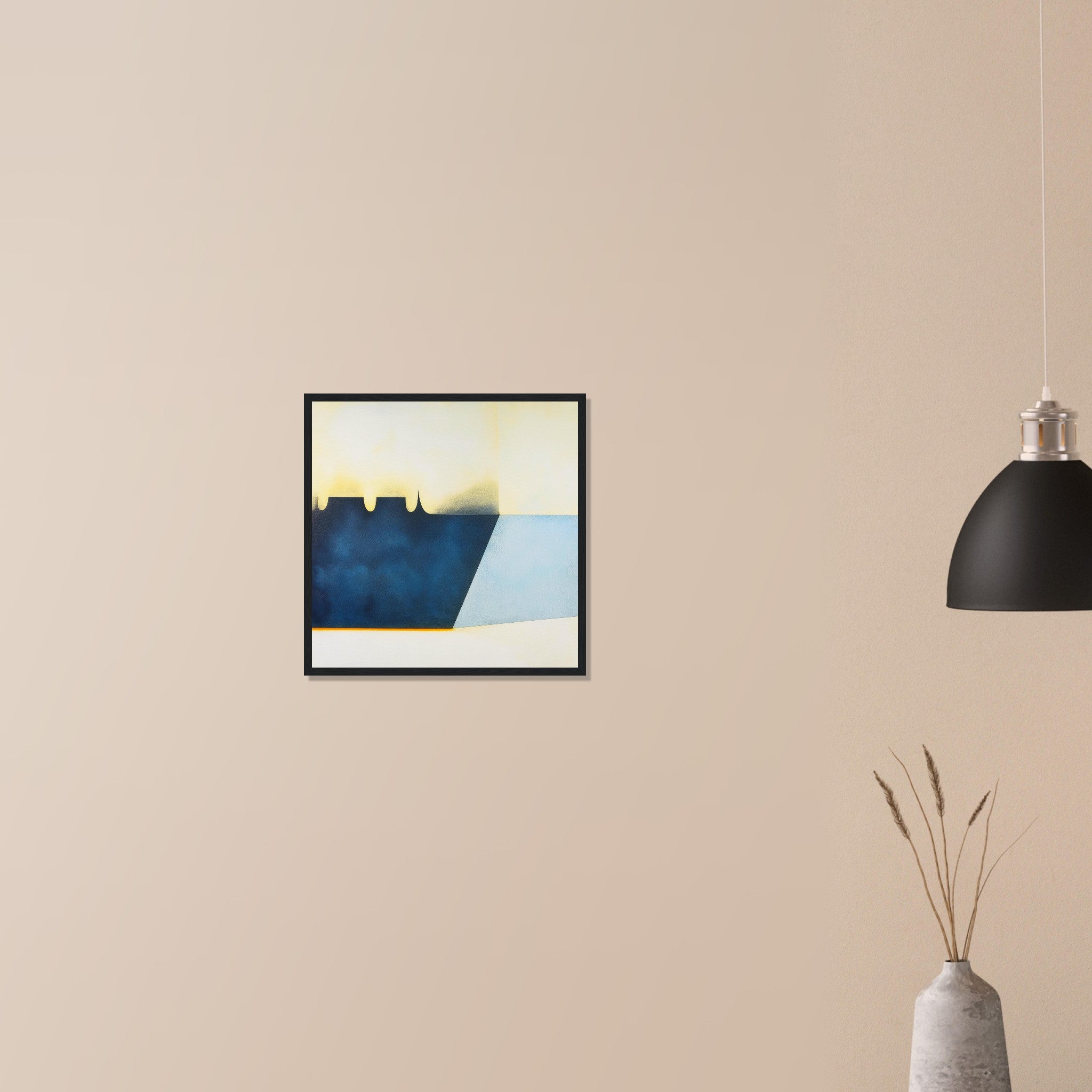 Reservoir Cut moody blue statement piece in black frame on neutral wall in modern home, crisp geometric lines and angled pale water