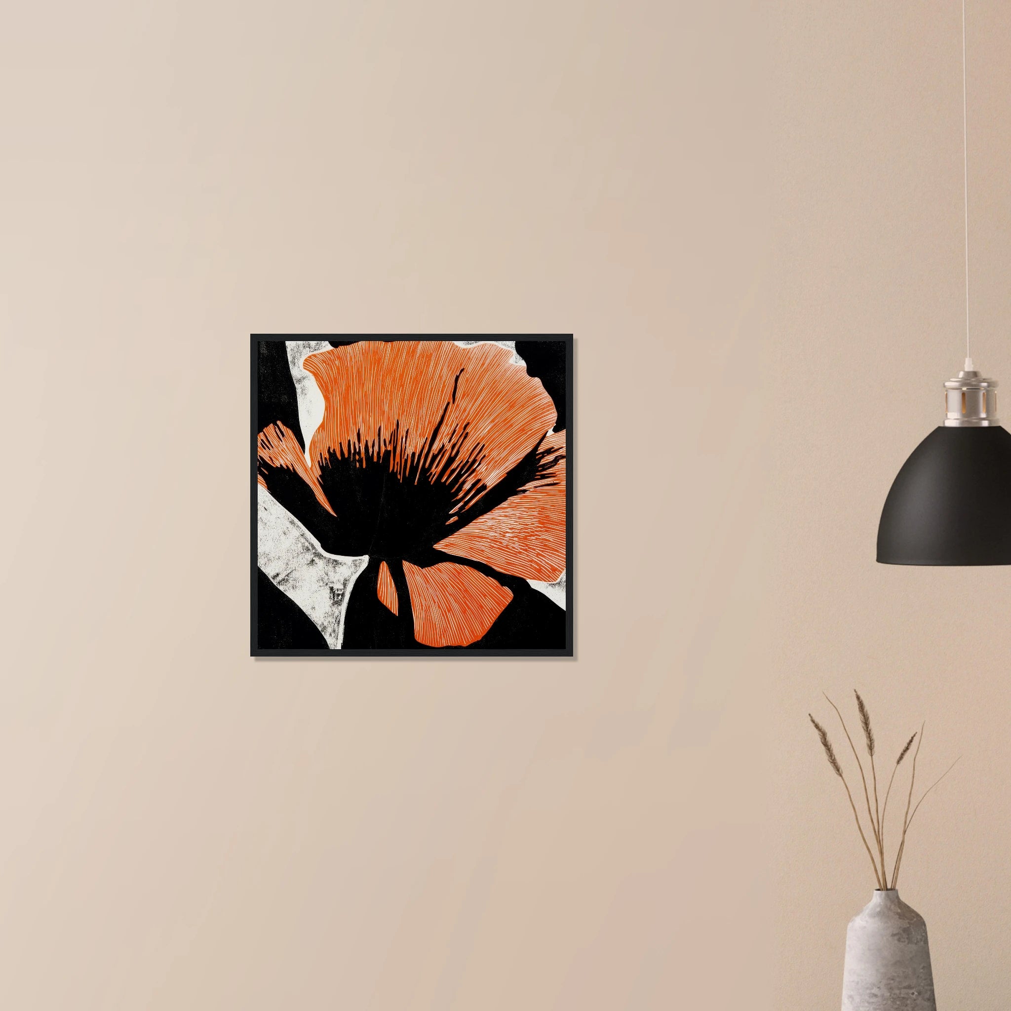 California Poppy No. 03 dramatic poppy wall art in white frame on neutral wall, saturated orange petals for modern living room