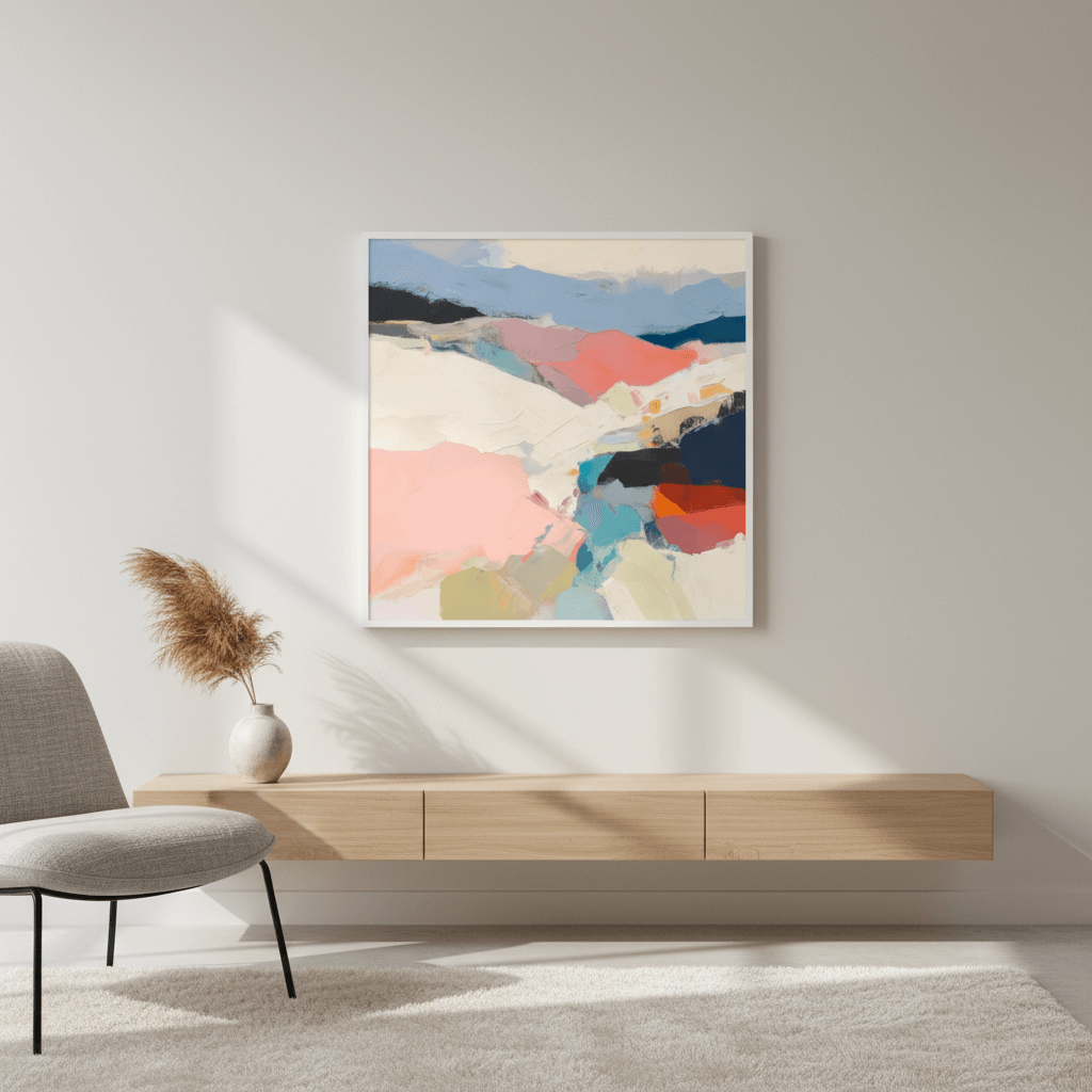 Piedmont painterly Northern California landscape print with blue grey ridgelines, coral hillsides and teal pooling across alluvial field