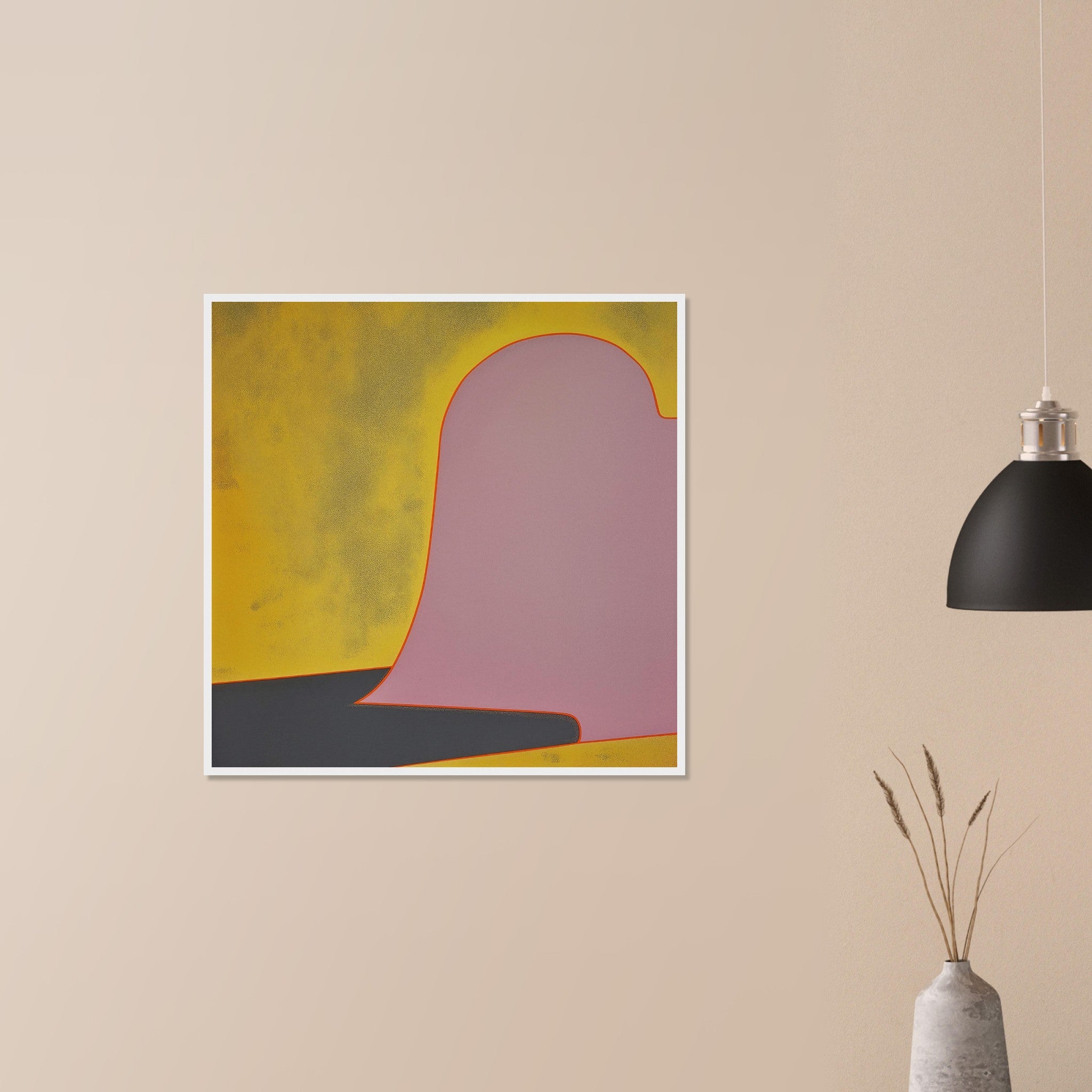 Colusa at Noon sophisticated warm abstract in wood frame on neutral wall in modern home, domed shape and soft dusty tones