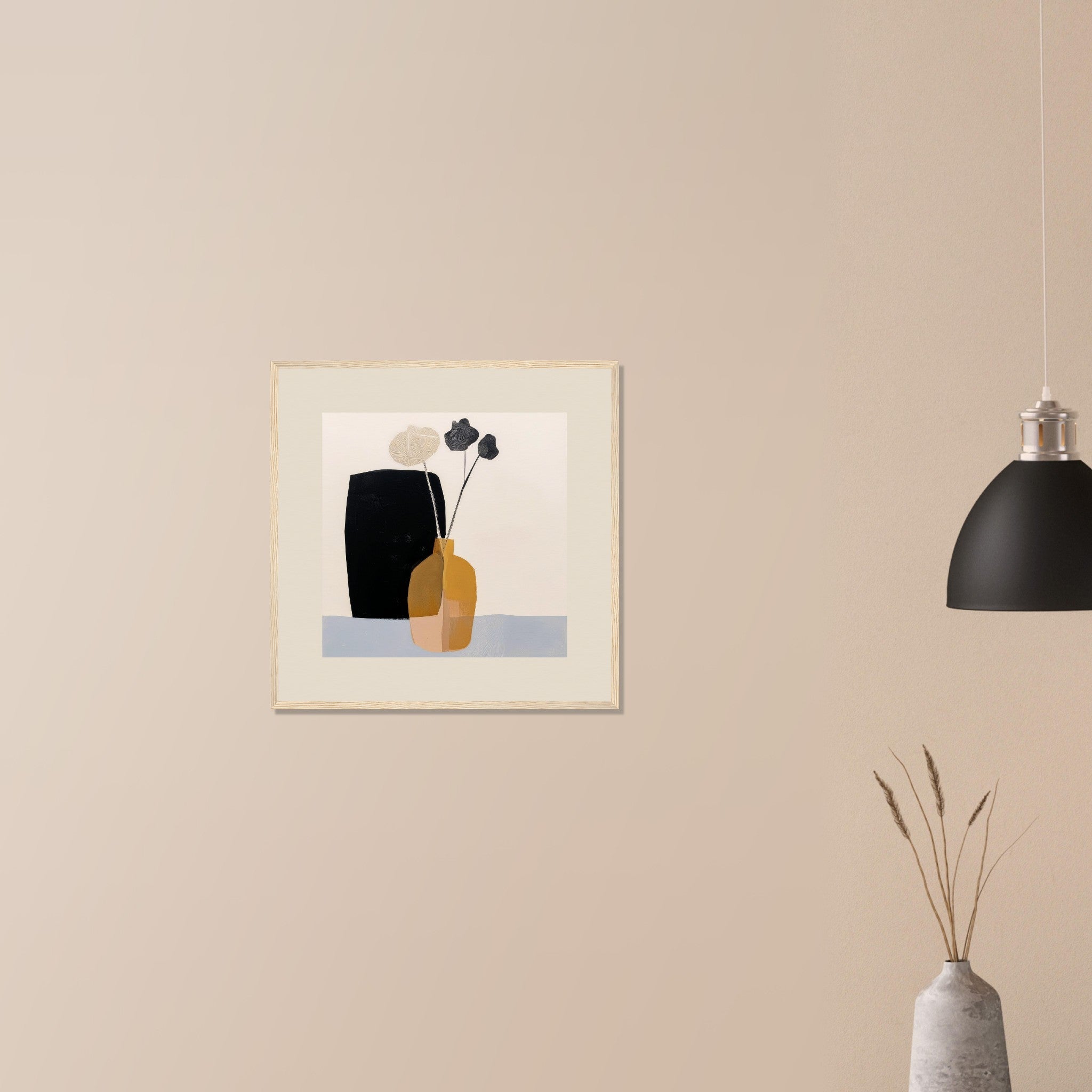 Dry Arrangement warm still life artwork in wood frame on neutral wall in modern home, ochre vase and delicate dried flowers