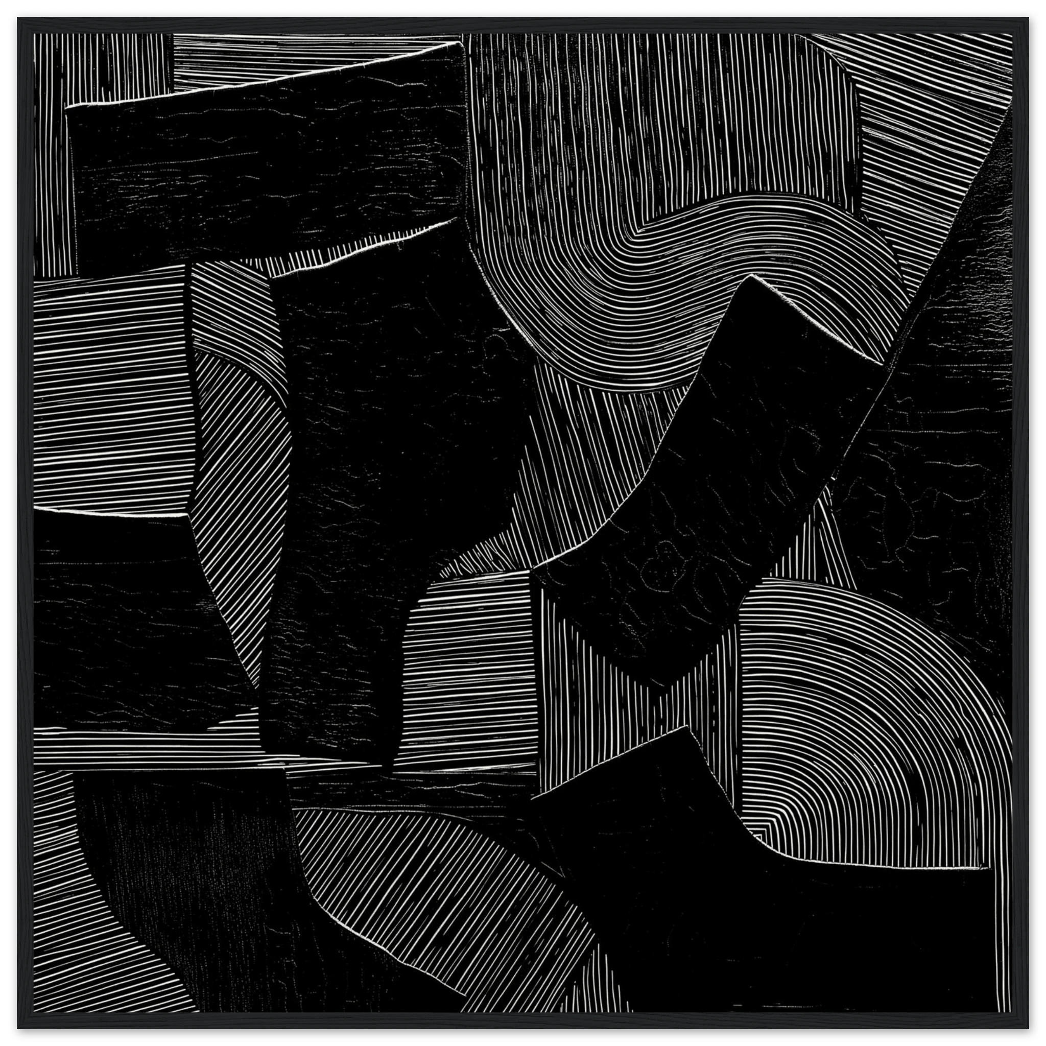 Friction No. 06 Fractured Dynamics black and white abstract art with fragmented angular geometry and directional striations, bold modern wall decor