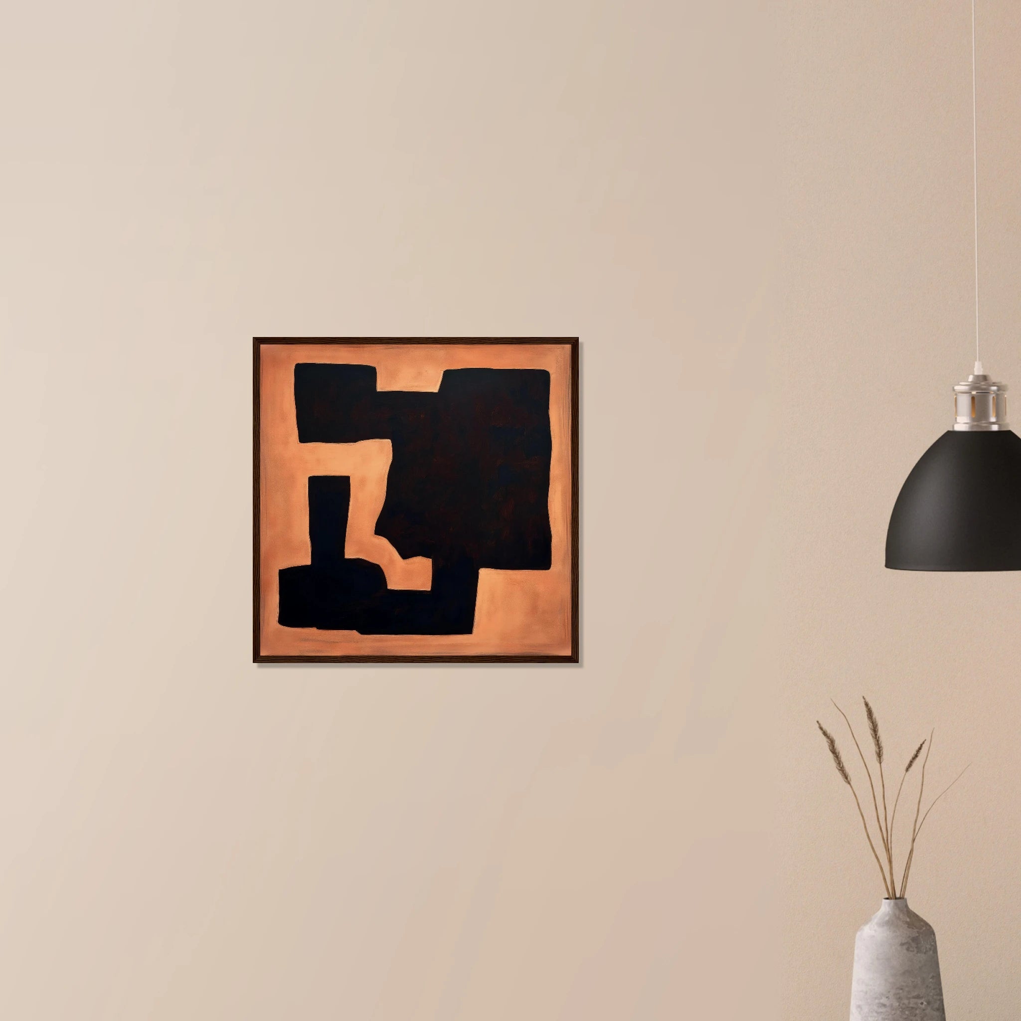 Terracotta Fragment minimalist wall art in dark wood frame on neutral wall, rust orange ceramic fragment design