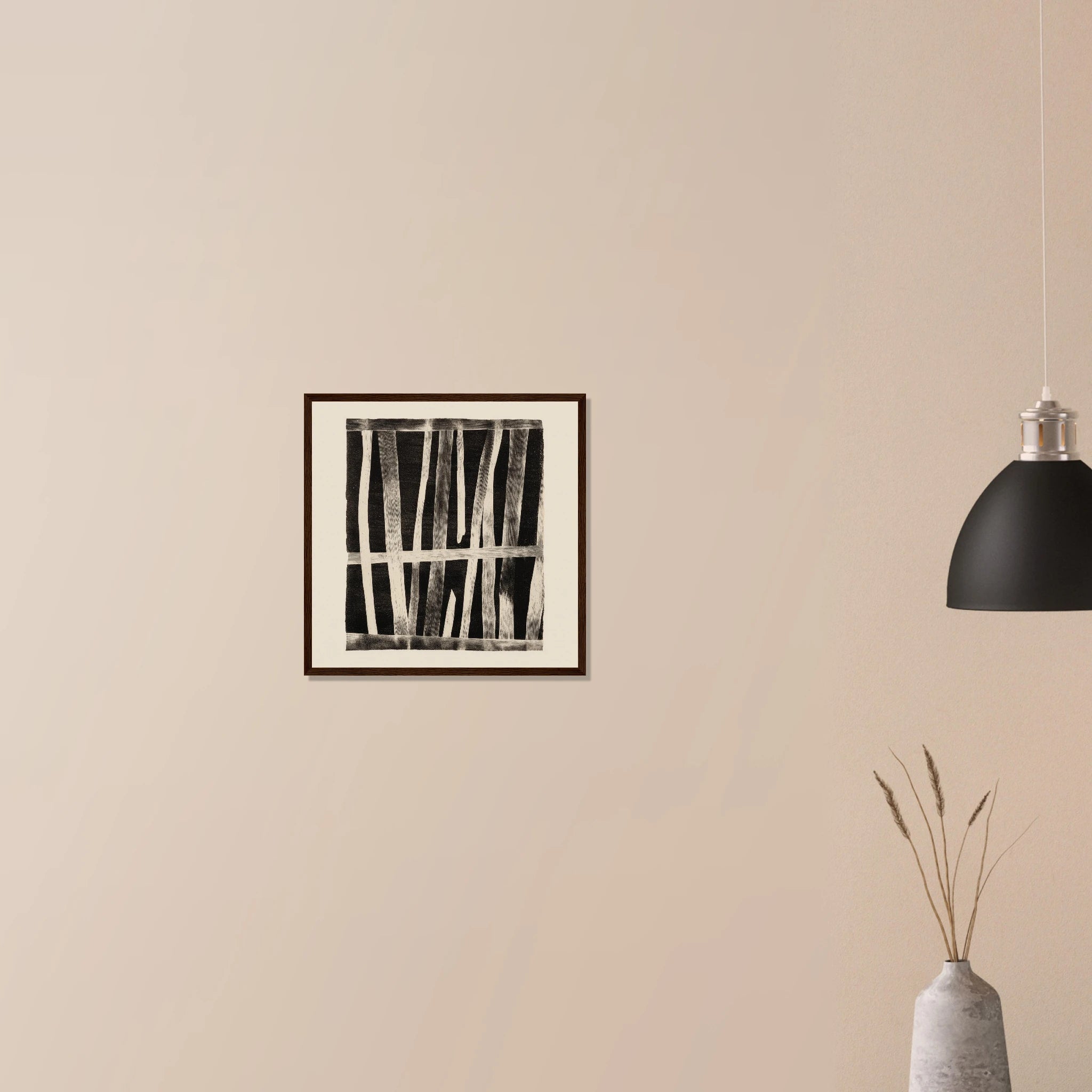 Weathered Barn Wall contemporary farmhouse art in black frame on neutral wall, distressed red barn board detail