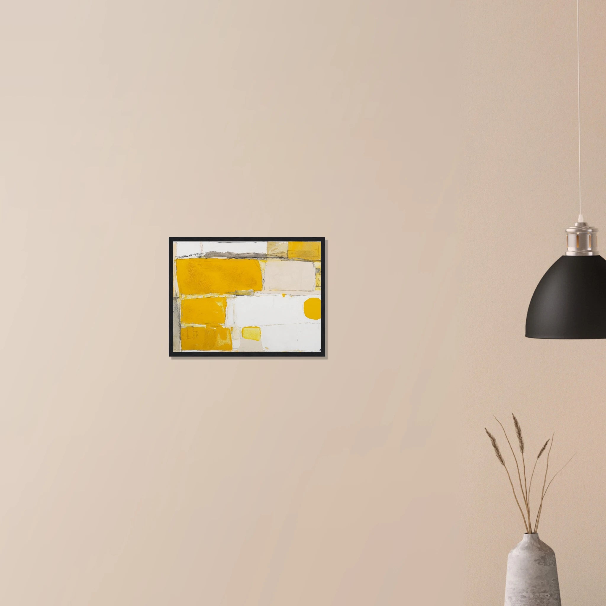 Mustard Field Abstract neutral landscape art in white frame on neutral wall, horizontal mustard and green fields