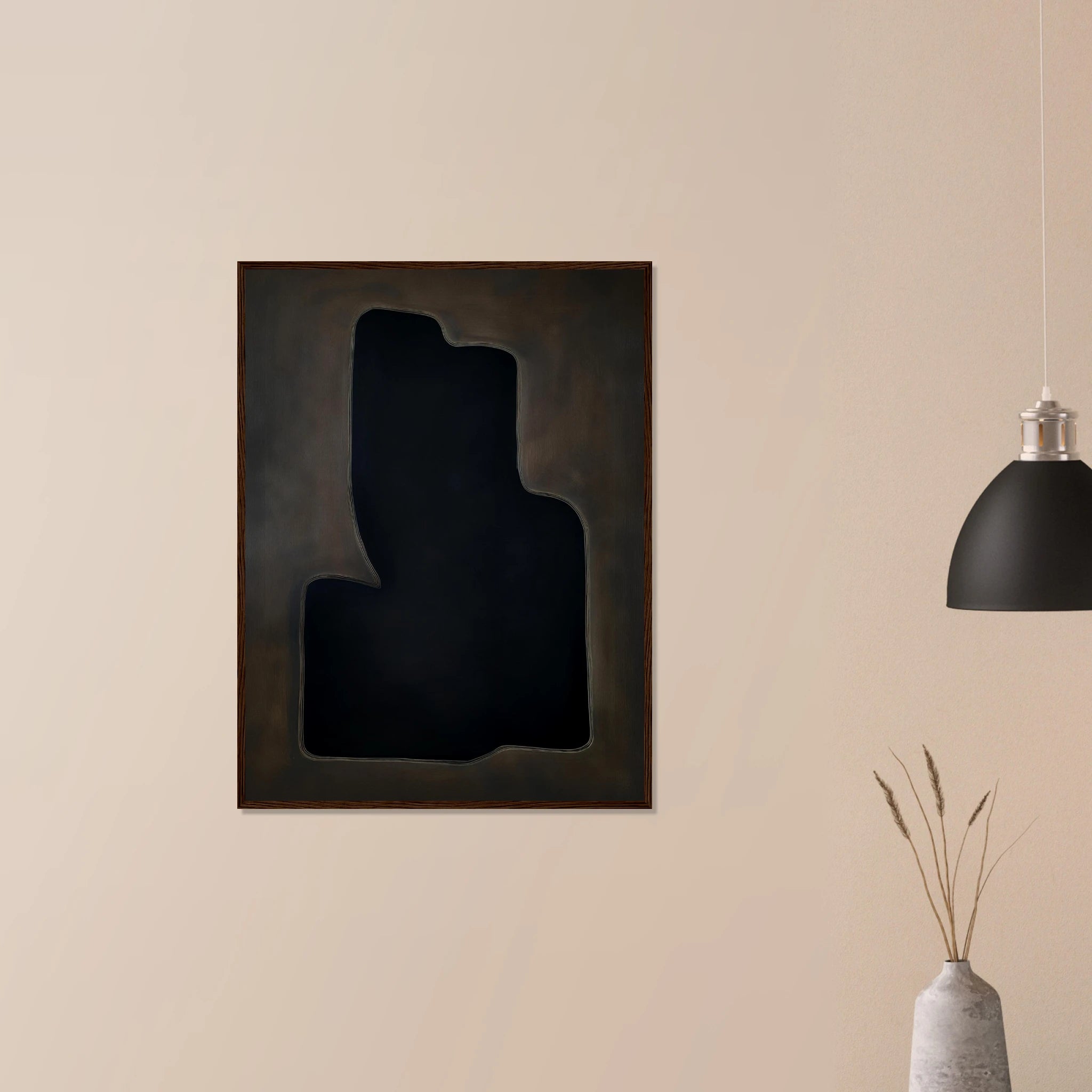 Dark Vessel abstract wall decor in dark wood frame on neutral wall, sculptural ceramic silhouette in deep hues