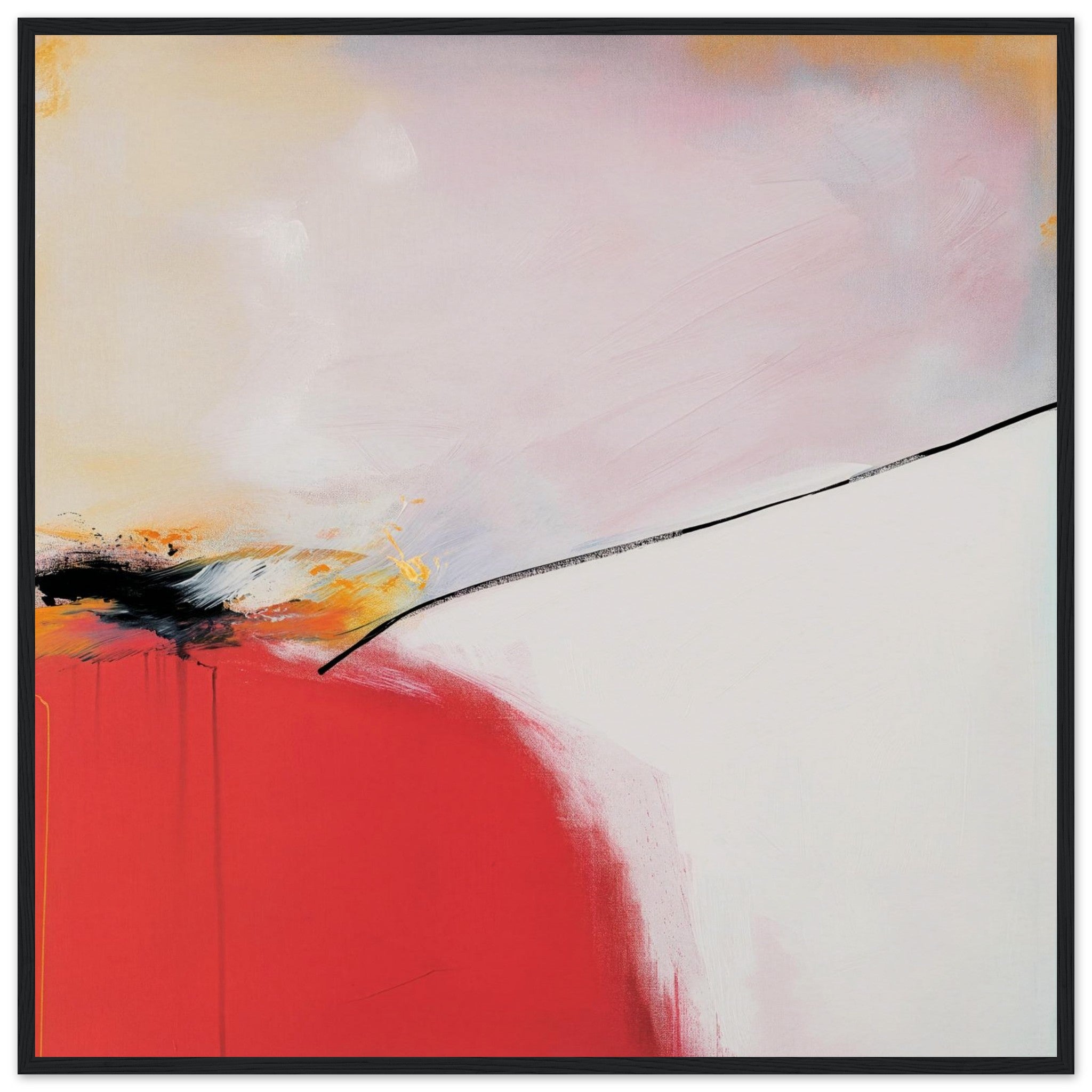 Controlled Burn bold red and white abstract wall art with diagonal dividing line, fire mass below smoke haze above, dramatic large scale statement piece